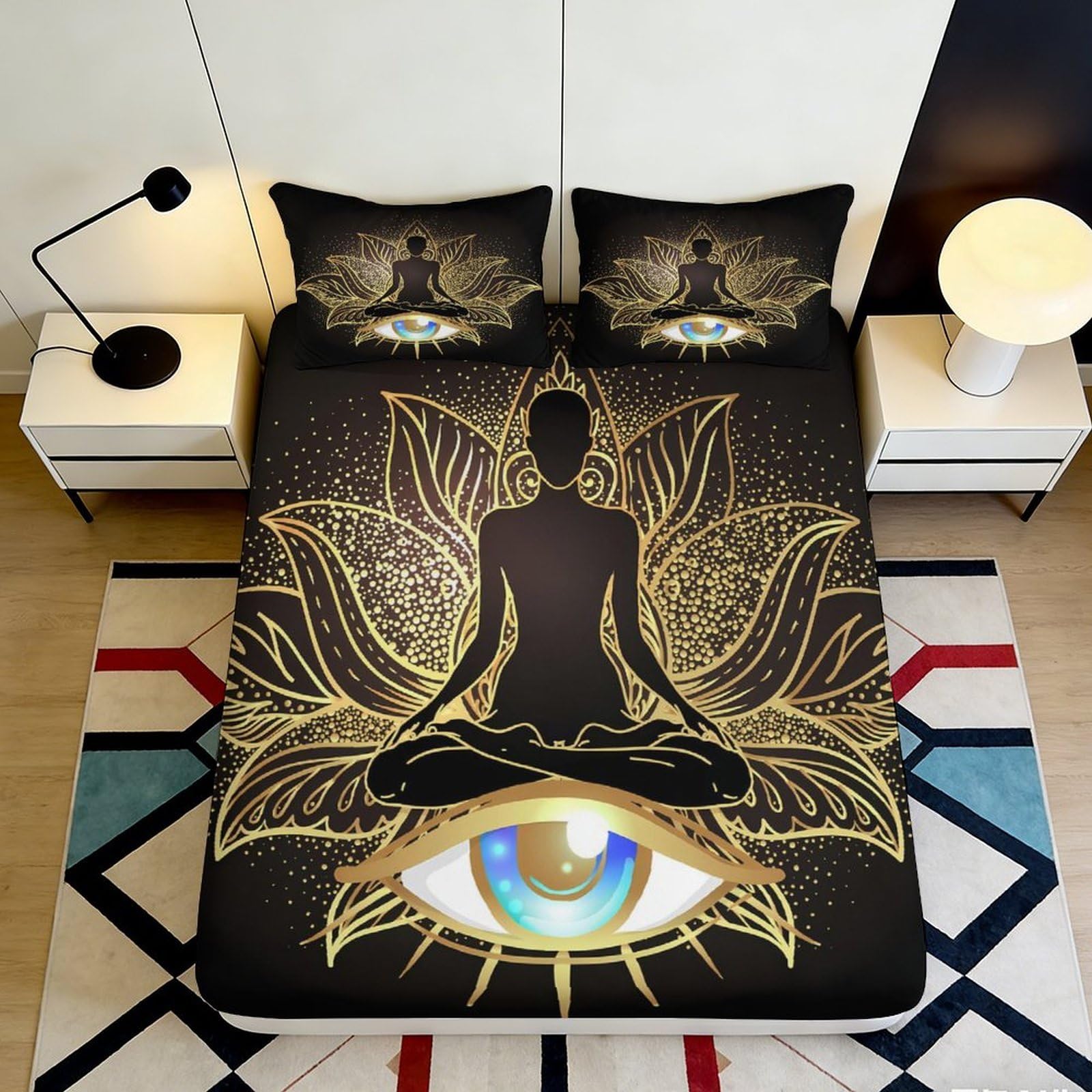 3D Printed Lotus Meditation Fitted Sheet Microfiber Soft Gold Mandala Bed Cover for Bedroom Dorm Mattress Decor 200x200x25cm