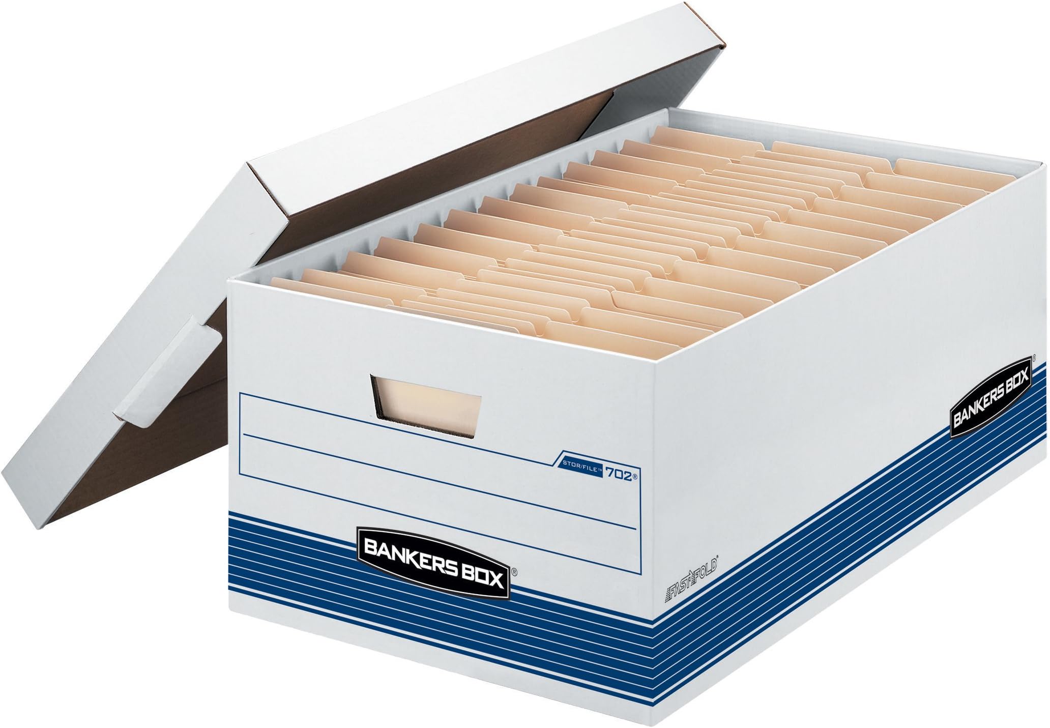 Bankers BoxSTOR/FILE Medium-Duty Storage Boxes, FastFold, Lift-Off Lid, Legal, 4 Pack (0070205), White/Blue, 10.3" x 15.9" x 25.4"