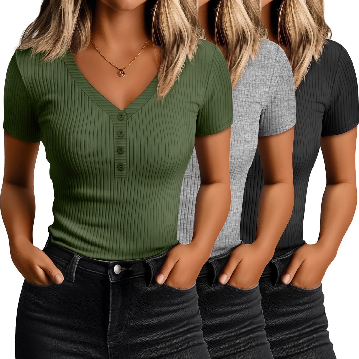3 Pack Women's Ribbed Henley Button T-Shirts, 95% Cotton Fitted Tight Short Sleeve V Neck Top Slim Basic Tee Blouse
