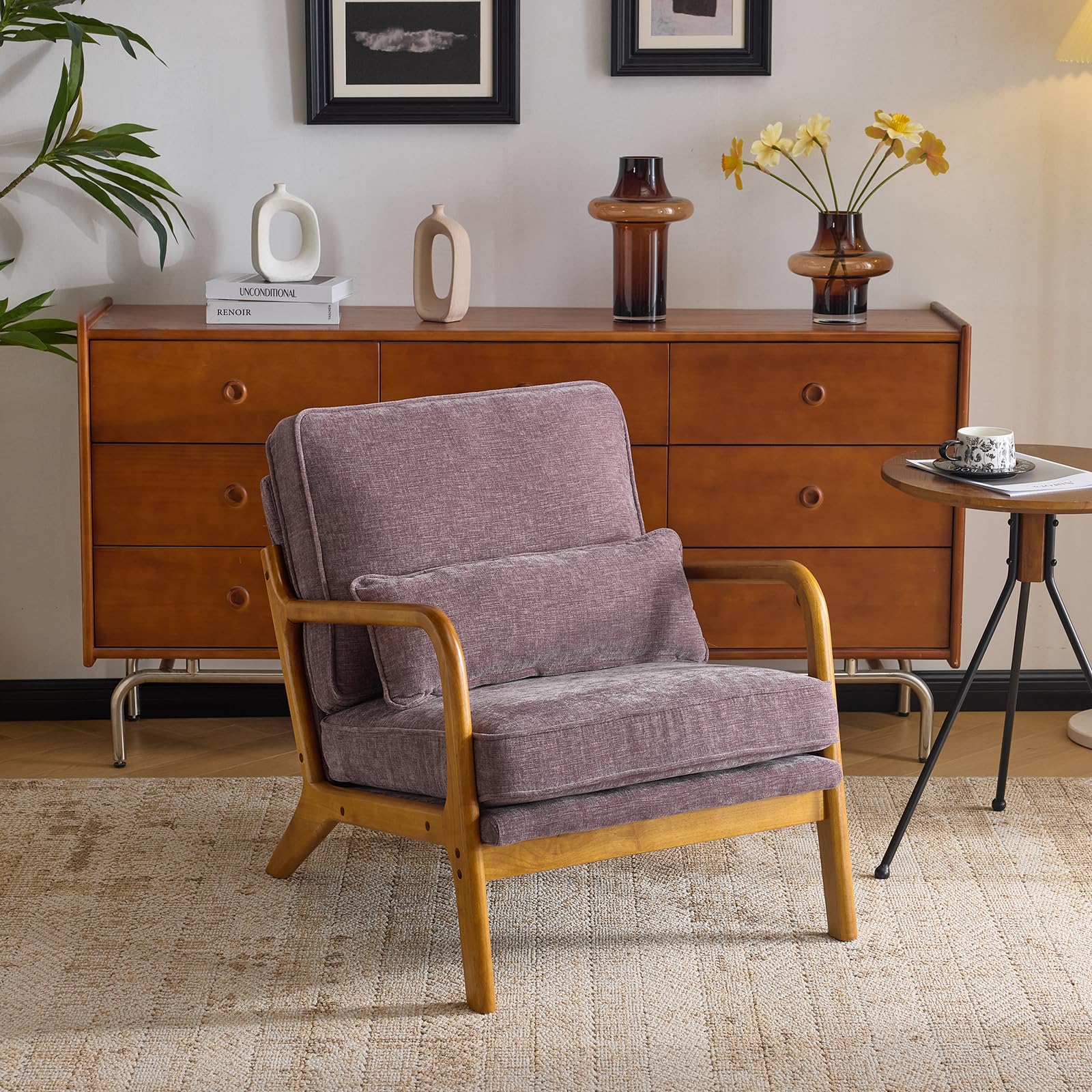 Bonnlo Accent Chair, Soild Wood Padding Lounge Armchairs, Occasional Reading Chair with Cushions and Lumbar Pillow, Armchairs for Living Room, Bedroom, Guest Room, Chenille, Light Purple โ image 1