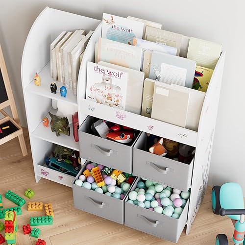 Miniatura 7 de BOTLOG Organizador de juguetes y libros para niños, organizador de almacenamiento de juguetes de madera con contenedores, unidad de gabinete de