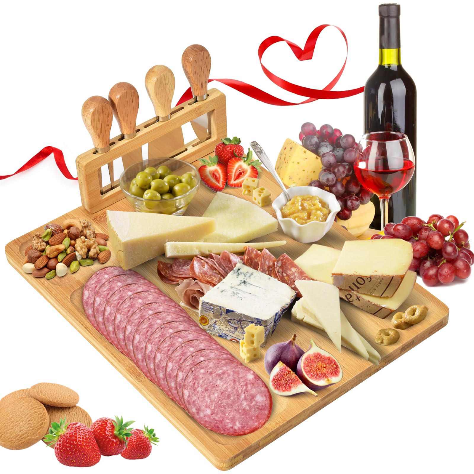 Cheese Board and 4 Stainless Steel Cutlery Set, Bamboo Charcuterie Board Set, Wooden Cheese Tray and Cheese Plate Set, Aperitif Tray,Perfect for Housewarming Wedding Birthday