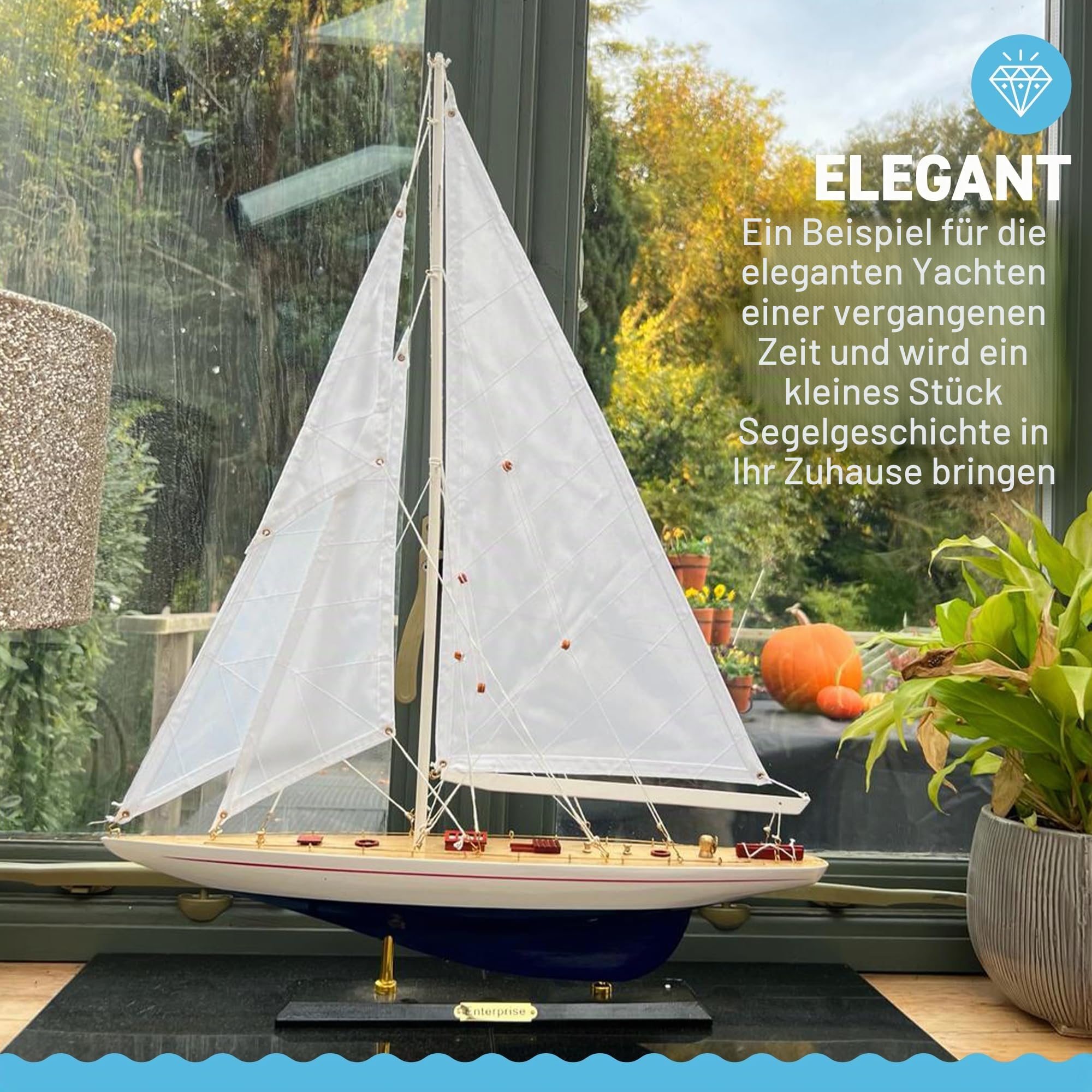 Thorness Detailliertes 50 cm langes Holzmodell Enterprise J Class Segelyacht | Americas Cup Racing Yacht | nautisches Ornament | Segelbootmodell | Enterprise Segelschiff-Modell | Komplett montiertes