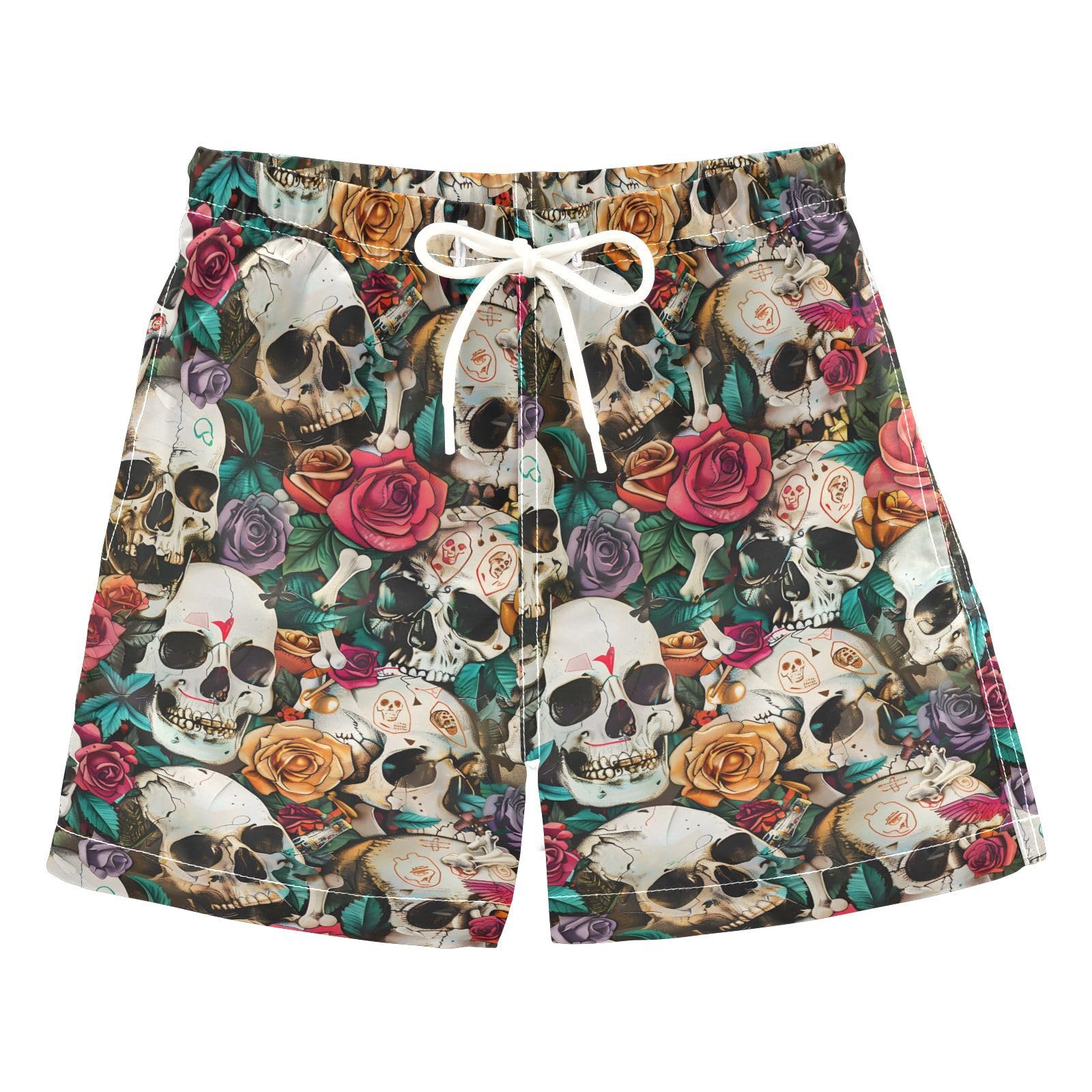 ALAZA Colorful Rose Blossom Sugar Skull Bone Boys Quick Dry Beach Board Shorts Kids Swim Trunks Bathing Suit Swimsuit 3T
