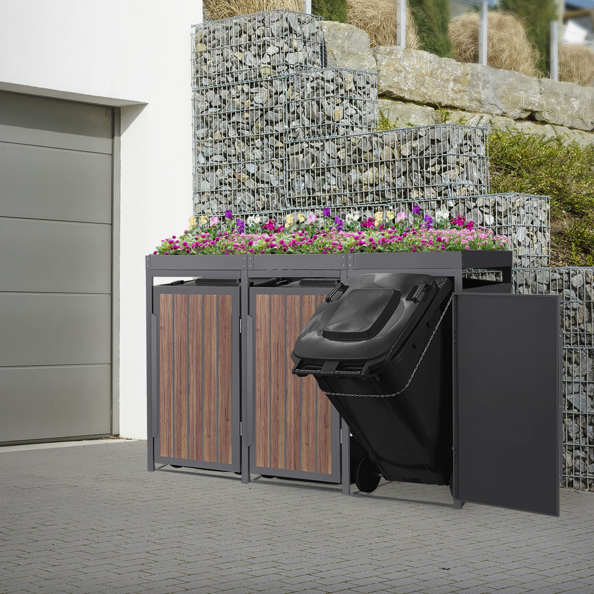 ML-Design Copribidone per Spazzatura 3 Bidoni 240L 196x80x124 cm in Acciaio Antracite Effetto Rovere Scuro con Tetto a Fioriera, Resistente alle Intemperie, Deposito per Bidoni di Rifiuti, Box Bidoni