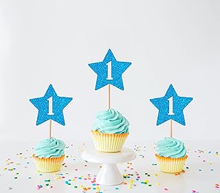 12 x Baby Blue 1st Birthday Cupcake Toppers | Star Cupcake Toppers | Baby Boy Birthday Cupcake Toppers