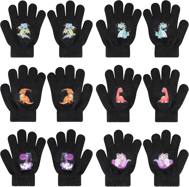 QKURT Kids Knitted Gloves, 6 Pairs of Children's Solid Color Knitted Gloves Boys' Winter Warm Mittens Winter Outdoor Magic Gloves for Boys & Girls Dinosaur Lovers Ages 5-12