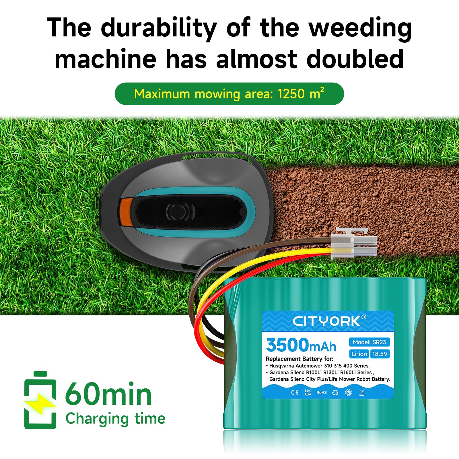 CITYORK 18.5V 3500mAh batteria di ricambio per Gardena Sileno R100Li R130Li R160Li, per Gardena Sileno+ City/Life, Batteria per Husqvarna Automower 310 315 robot tosaerba