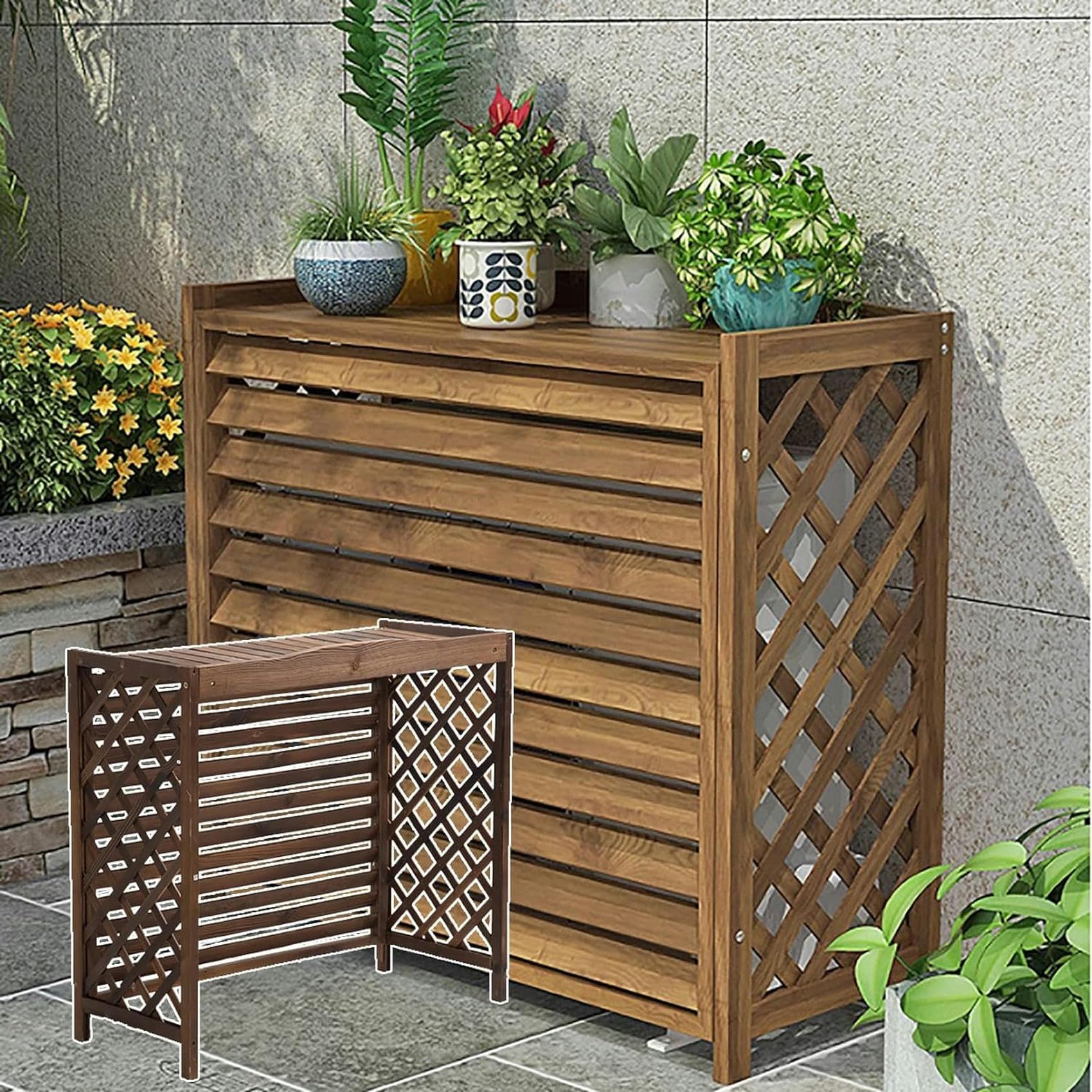 Cache-climatiseur extérieur bois paravent persiennes support fleurs jardin