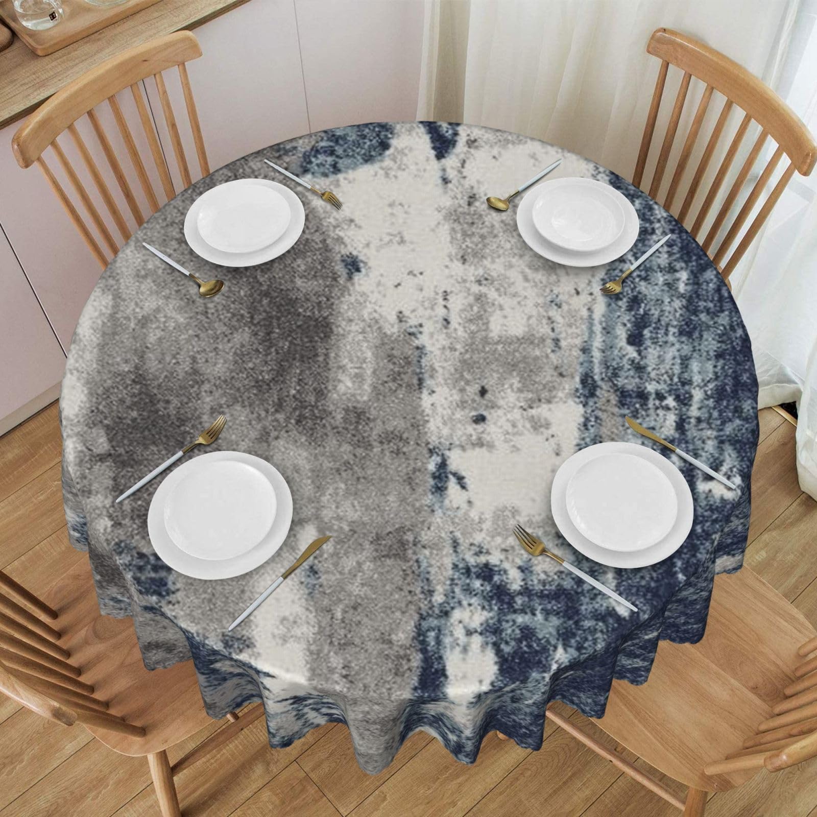 DCEHGEW 60 In Round Tablecloth with Lace, Abstract Blue Printed Oilproof & Washable Fabric Picnic Table Cloth Table Covers