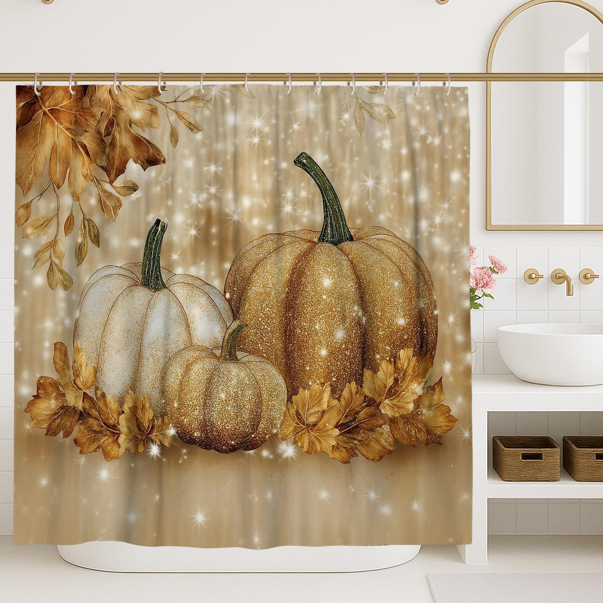 Rideau de douche citrouille à paillettes dorées design élégant 183 x 213 cm