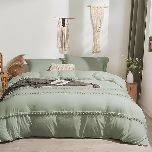 Funda de edredón de color verde salvia y el mismo pompón con borlas y 2 fundas de almohada, funda de edredón de algodón, funda de edredón de tamaño