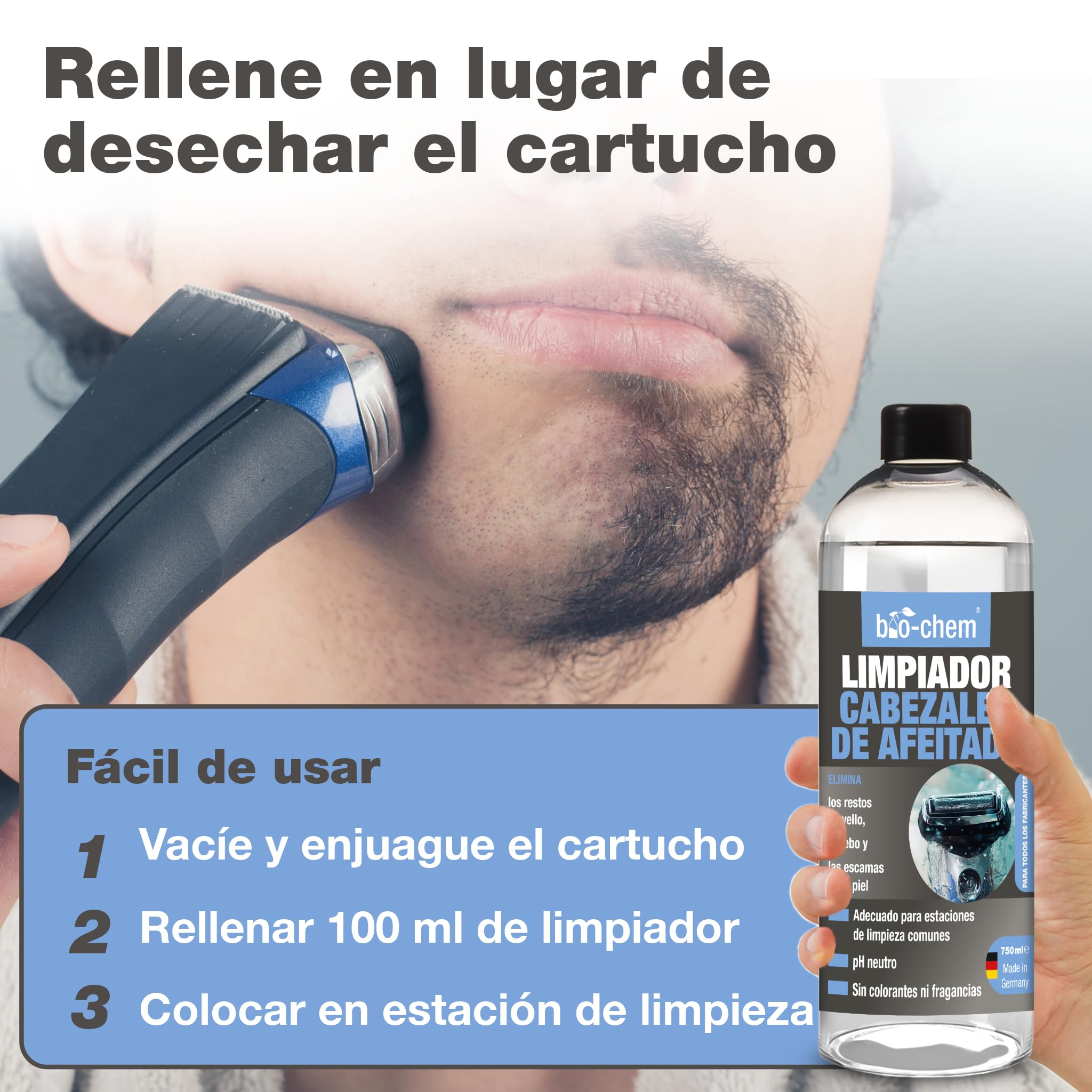 bio-chem Limpiador para cabezales de afeitado 3x 750 ml | Limpiador para cabezales de afeitado para hombres y mujeres - Apto para todas las marcas - Limpieza cabezales de afeitado
