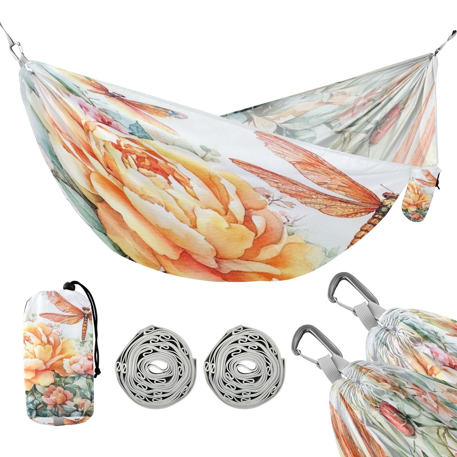 Haskirky Peony Dragonfly Camping Hammock, Single Portable Hammocks with Tree Straps & Attached Carry Bag, 330Lbs Capacity Perfect for Outside Indoor Hiking Beach Backpack Travel