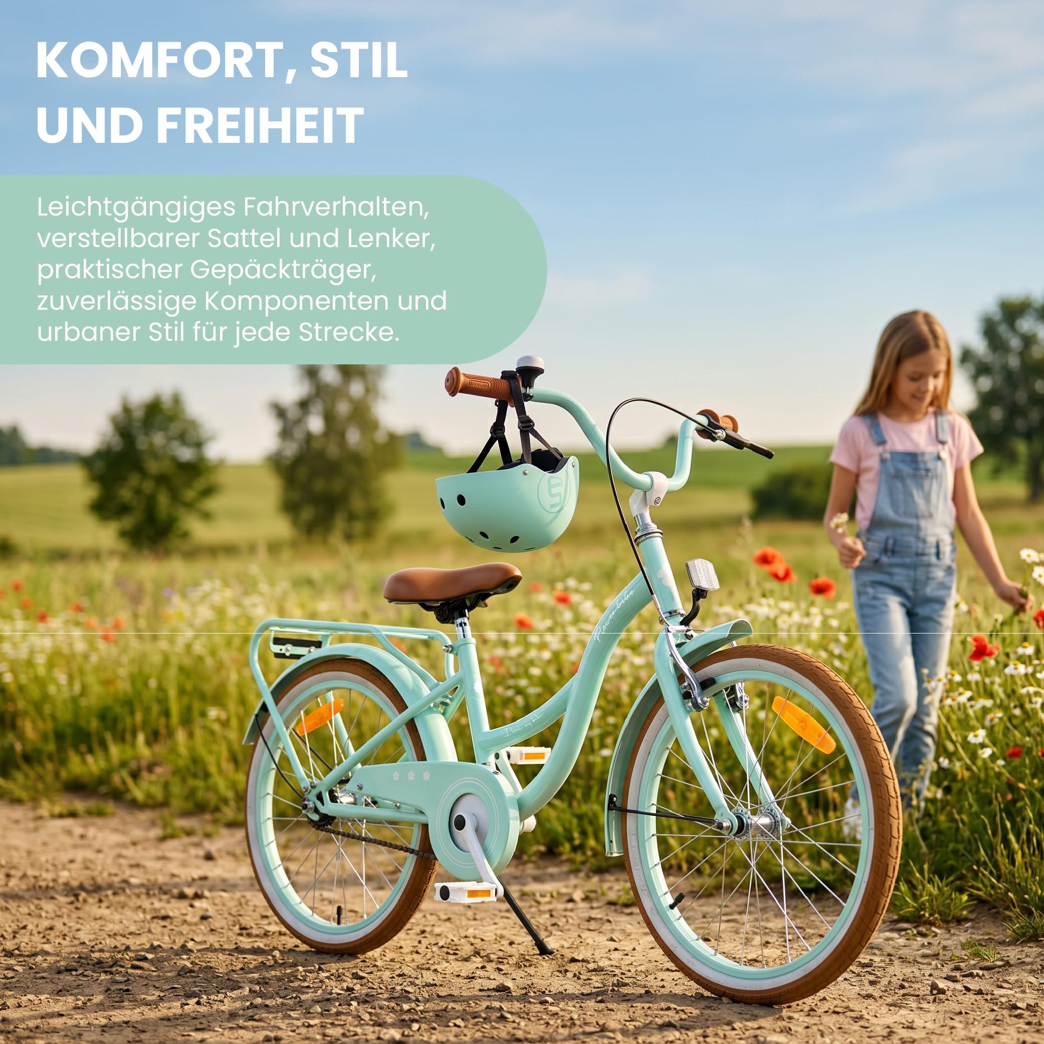 sun baby Flower Bike Retro Mädchenfahrrad - Kinderfahrrad mit Stahlrahmen, V-Bremsen, Schutzbleche, Kettenschutz, Scheinwerfer, Klingel, höhenverstellbar