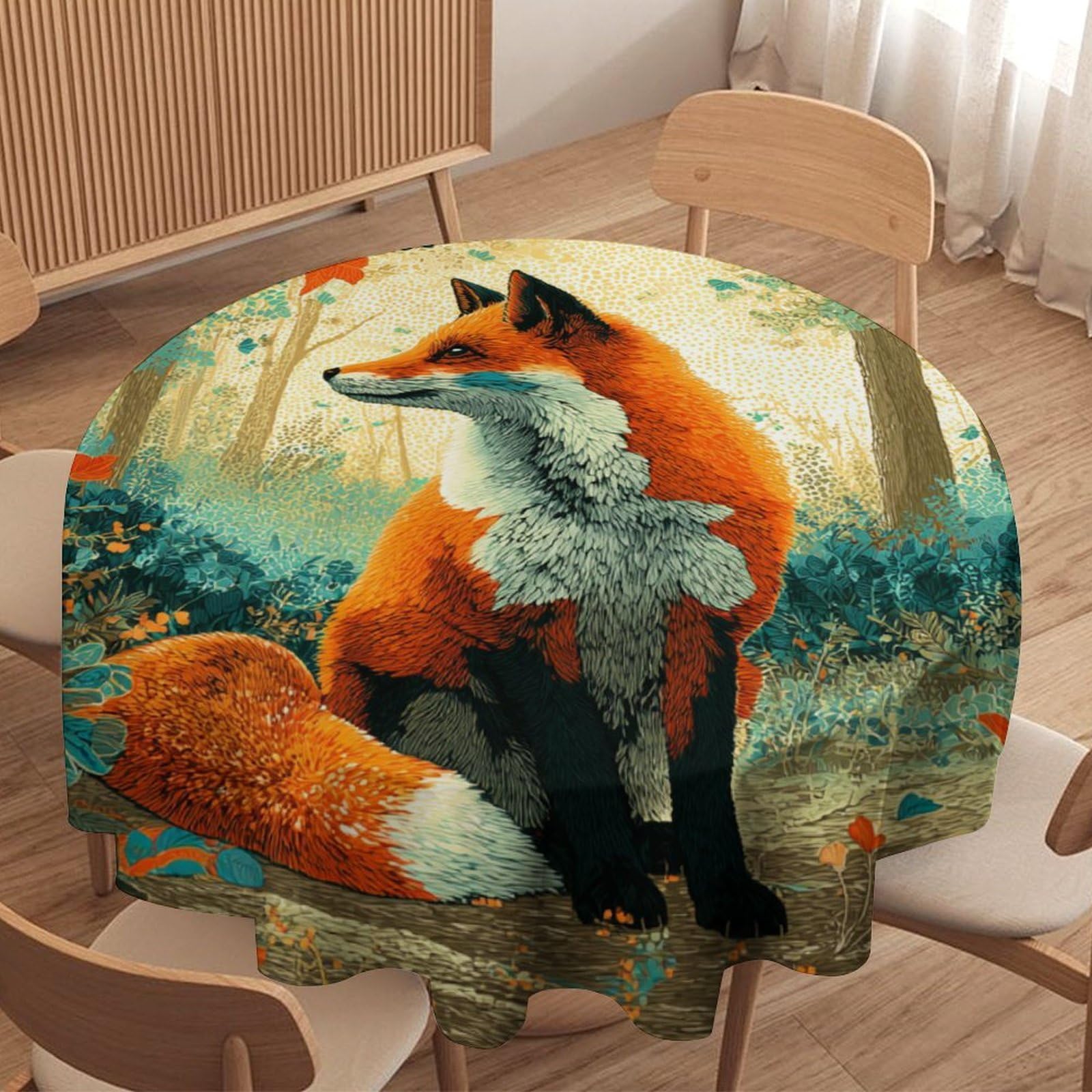 LUYYSKY Retro Colorful Wildlife Fox Waterproof Round Tablecloth Classic Vintage Autumn Forest Hunting Theme Animal Fox Washable Table Cover for Kitchen-152.4" Wx152.4 L cm
