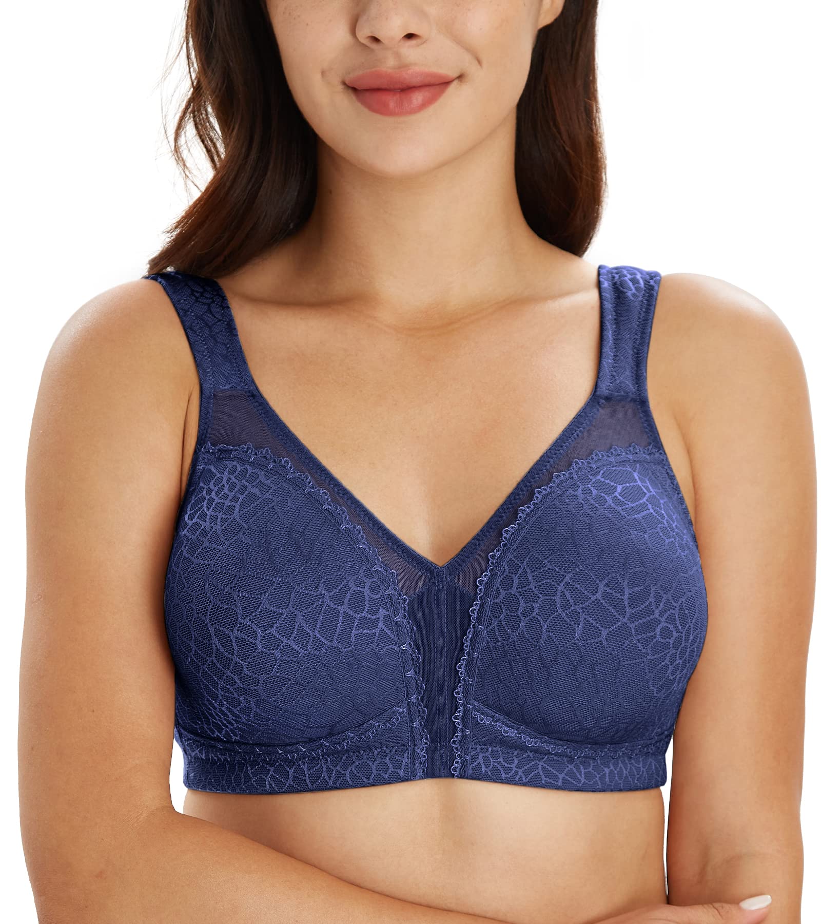 Lemorosy Women's Full Coverage Minimizer Bra Wirefree Plus Size Unpadded Lace Soft Support Bra