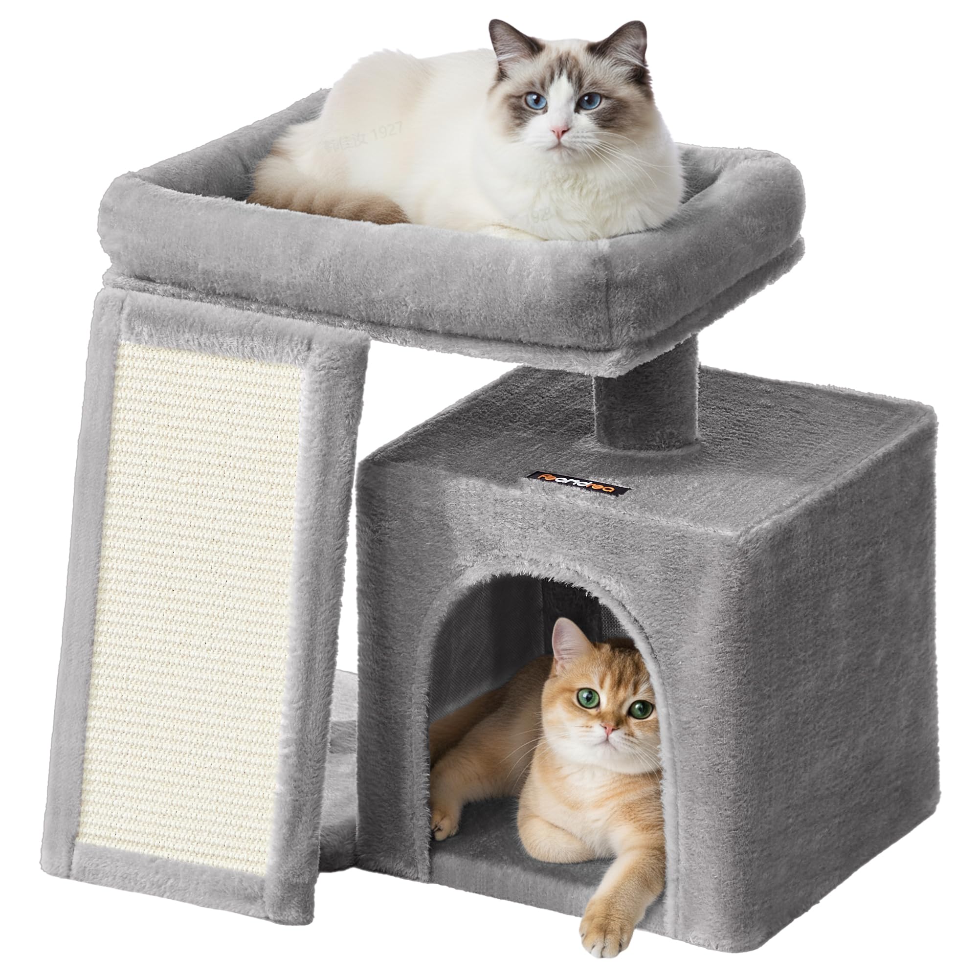 Feandrea Albero per Gatti Piccolo, Torre Tiragraffi per Gatti con Casetta, Rampa Graffiatoio Grande, Cuccia Superiore, Grotta, Alto 44,6 cm, Grigio Tortora PCT010GD01