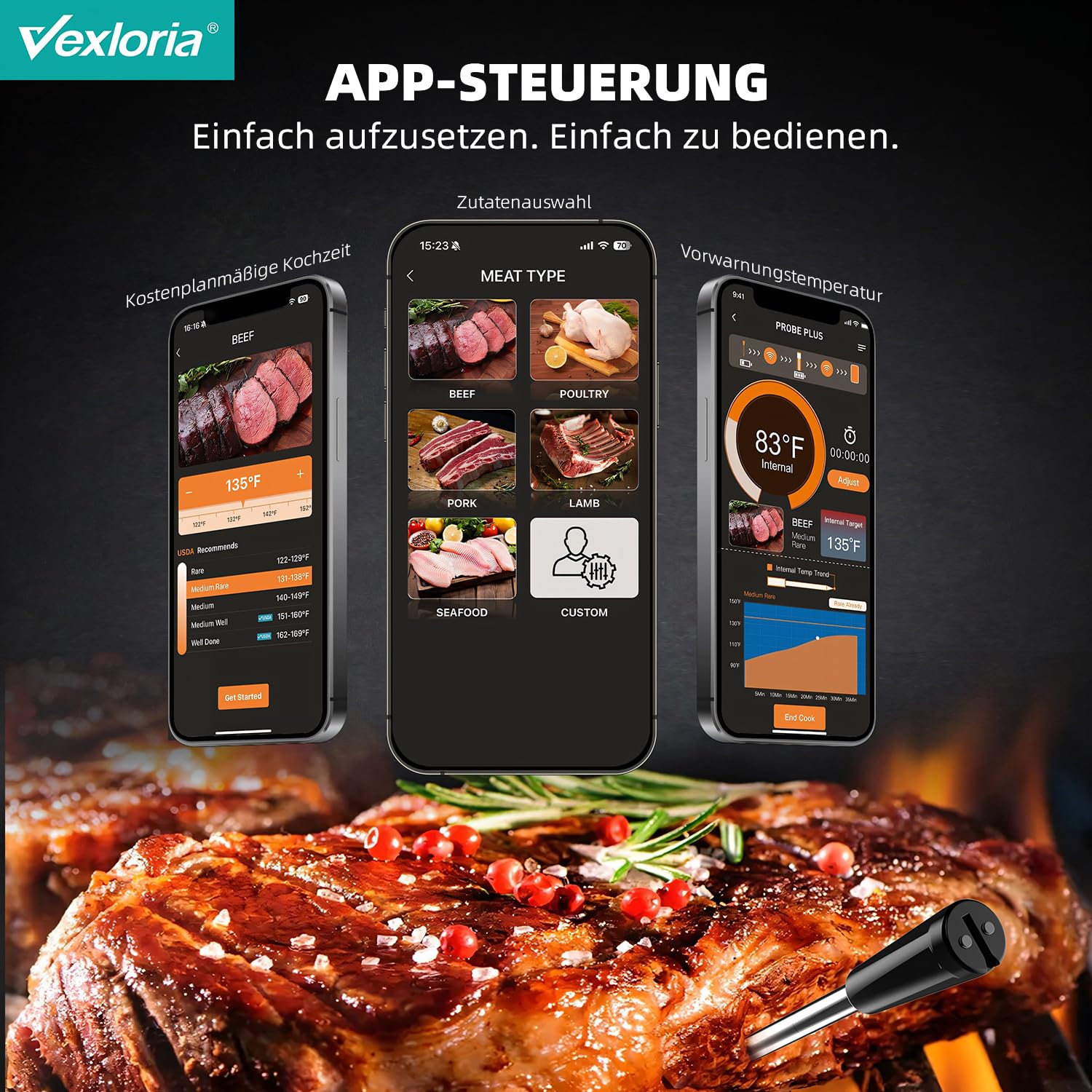 Vexloria Termometro Cucina, Termometri Per Alimenti, Wireless Bluetooth Termometro Da Cucina, Con App Intelligente Cucinare A Lunga Distanza Termometro, Per Forno, Griglia, Cucina, Barbecue