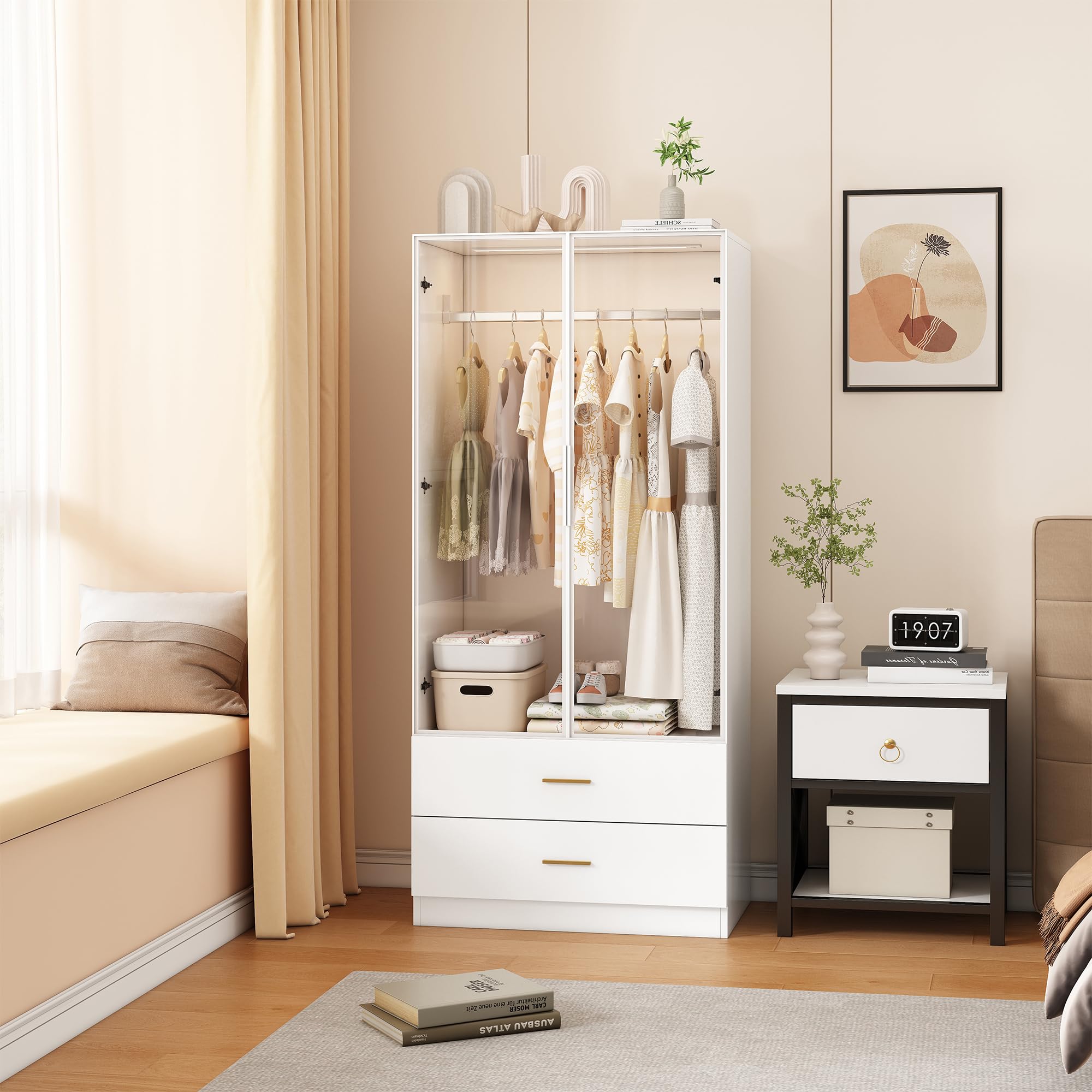 Guardaroba bianco - 80 cm di larghezza - Con appendiabiti e luci LED - Molto spazio di archiviazione - Armadio polivalente a 2 ante con 2 cassetti - Per camera da letto (80 x 50 x 175 cm)