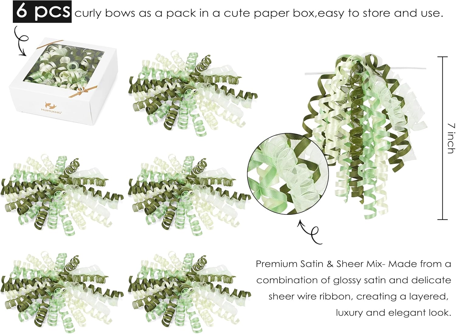 HUIHUANG Curly Bows for Gift Wrapping 7 inch Sage Green/Moss/Ivory Gift Bow with Self Adhesive & Twist Tie Ribbon Bows for Presents, Gift Basket, Wedding Decor, Baby Shower- 6 Counts - Image 3