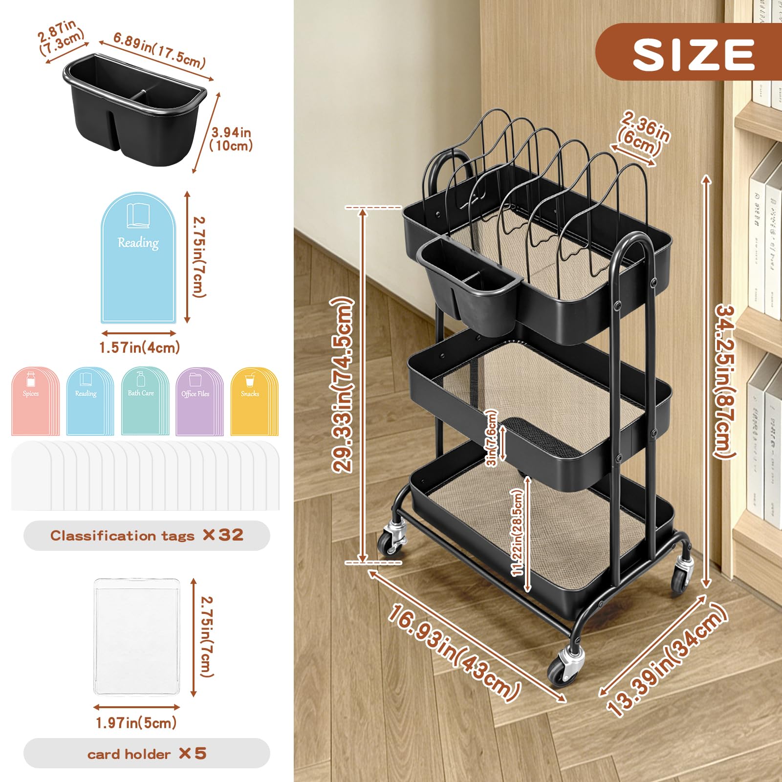 Boczif Desserte à roulettes, Matériaux Métalliques Desserte Cuisine (Noir) | avec 1 Tasse Suspendue, 1 étagère Amovible, 10 Papiers étiquettes et 5 Pochettes étiquettes, pour Salle de Bain, Cuisine