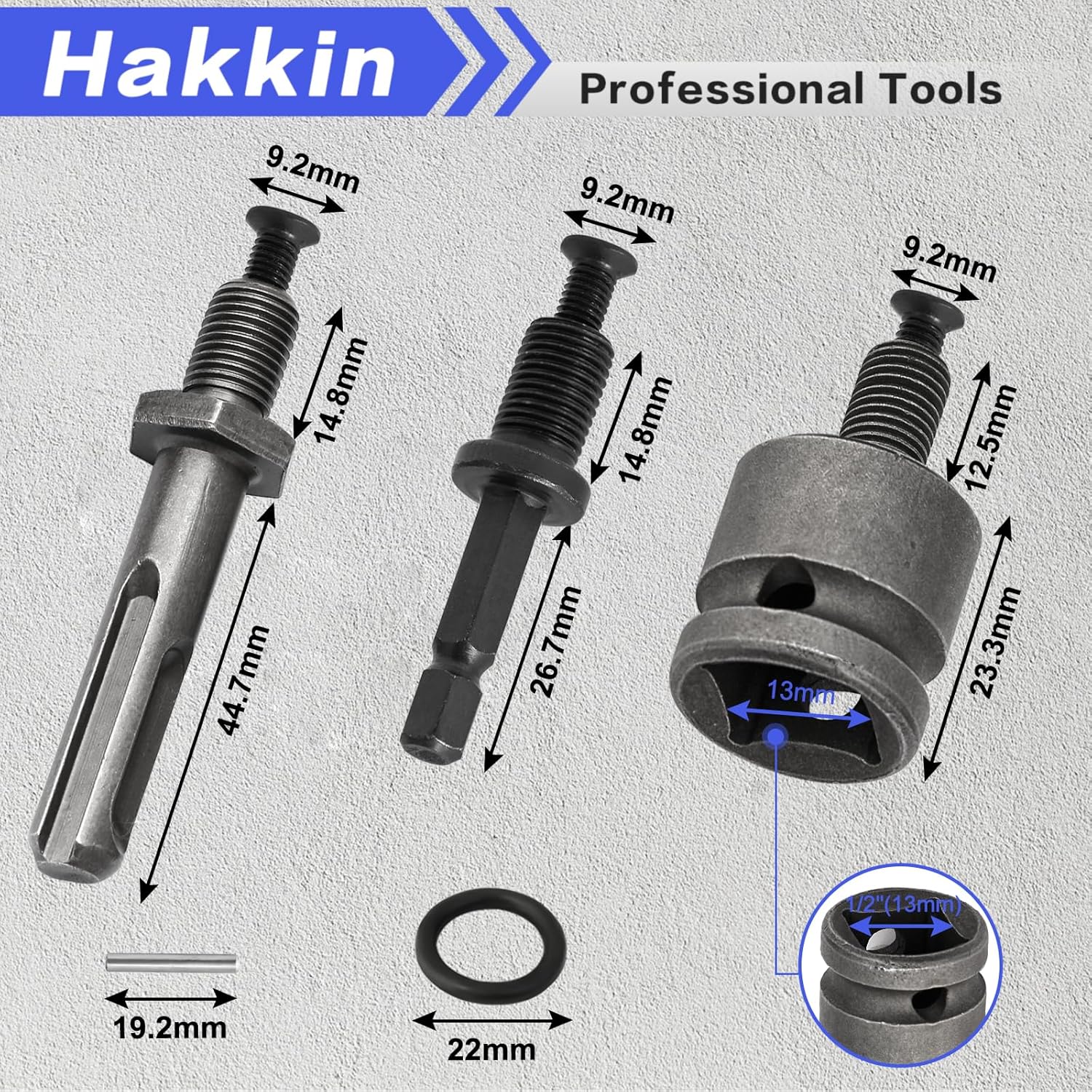 Hakkin 0.8-10mm Keyless Drill Chuck Adapter, 3/8-24UNF Capacity Mount with SDS-PLUS Shank, 1/4" Hex Shank Lock Key, 1/2” Socket Square Adapter, for Impact Driver