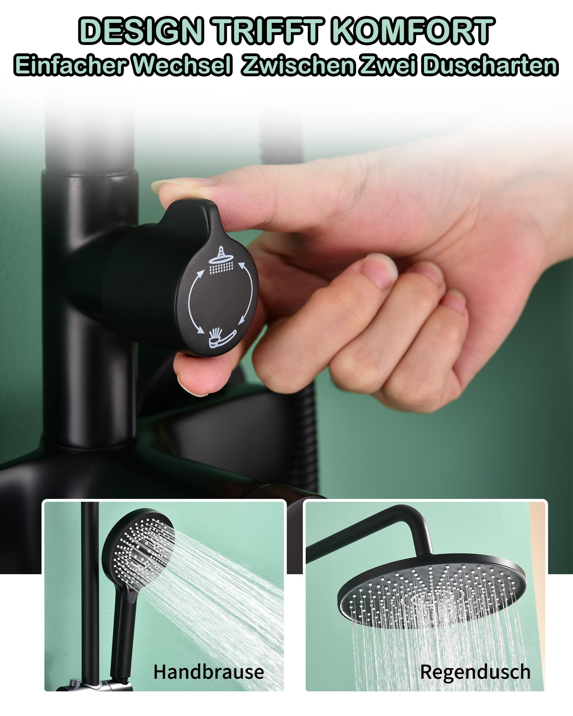 Ducha de lluvia con grifo negro, juego completo con ducha de lluvia de 23 cm, 3 tipos de chorro, cabezal de ducha, juego completo, juego de ducha, grifo monomando de latón