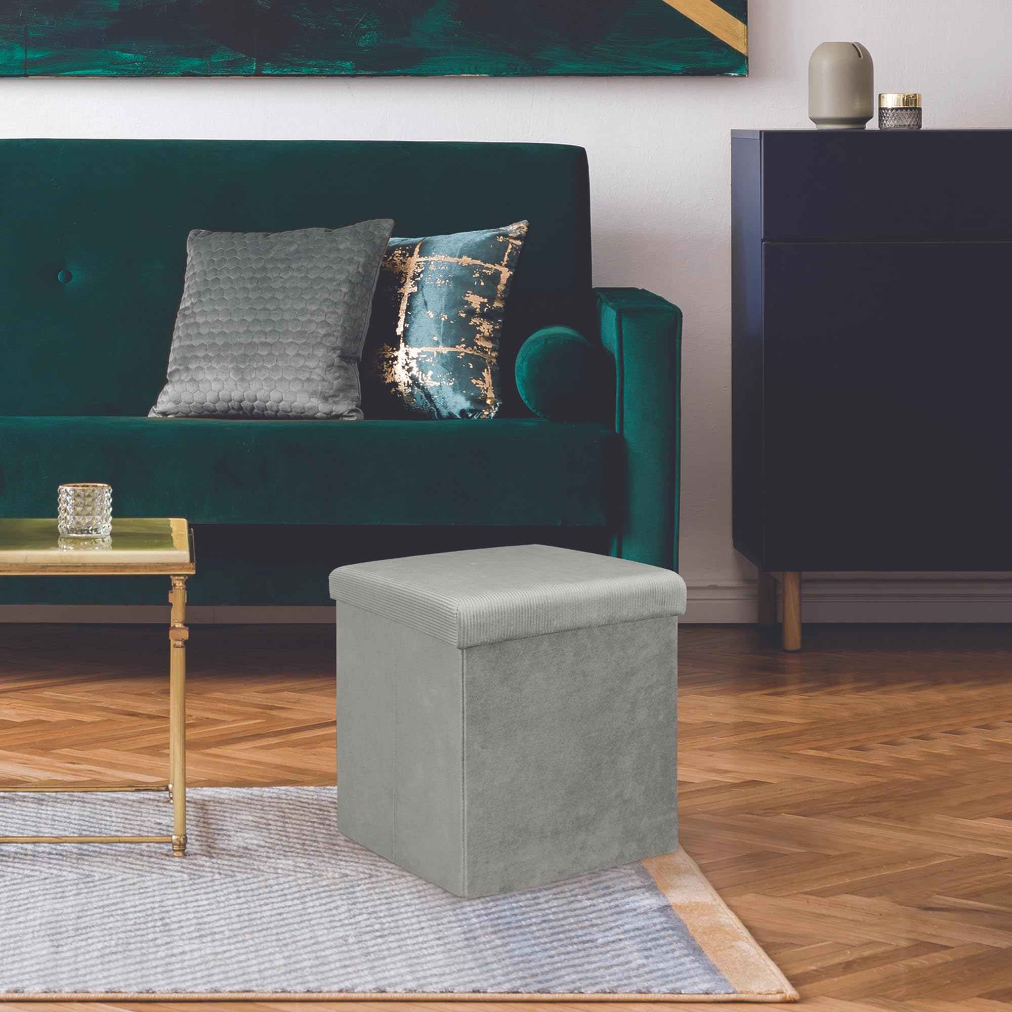 Home Deco Factory HD6810 - Cassapanca Pieghevole, salvaspazio, in Velluto, in Poliestere, Legno, MDF, Grigio, 38 x 38 x 38 cm