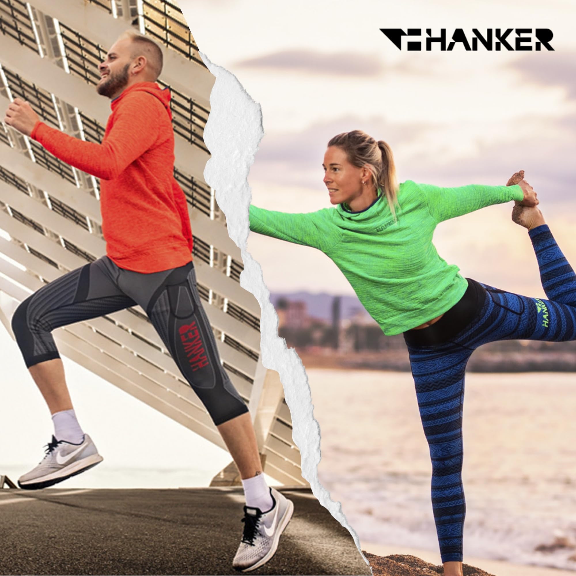 HANKER Maglia corta a compressione da uomo con tessuto termoregulatore, ampie tasche e cuciture piatte. Ideale corsa e trail running