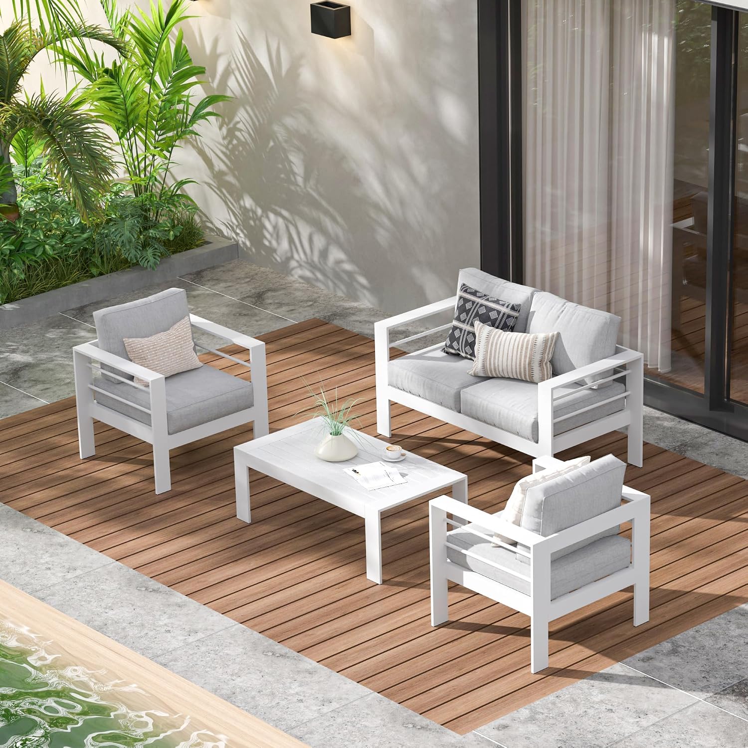 FansaFurn Outdoor Patio Metal Furniture Chair, 2 PCS All-Weather Aluminum Outdoor Sofa with 5" Thick Soft Cushion and Wide Arm, Deep Seating Patio Couch for Balcony, Porch, Backyard