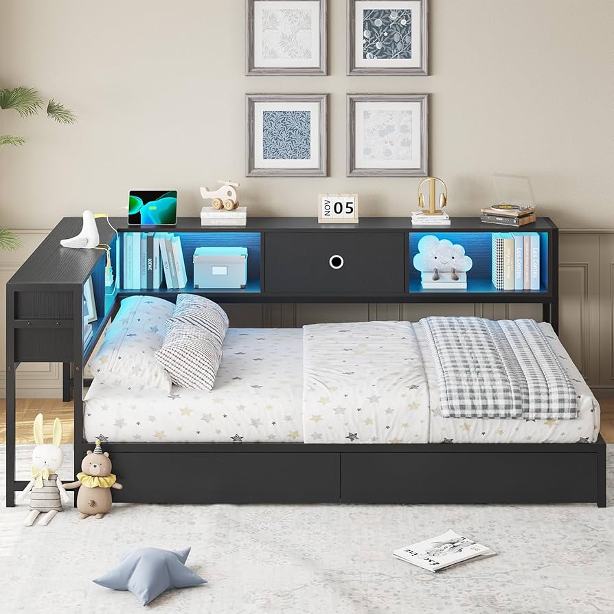 Amazon.com: DICTAC Twin Corner Bed Frame with Bookcase Storage and
