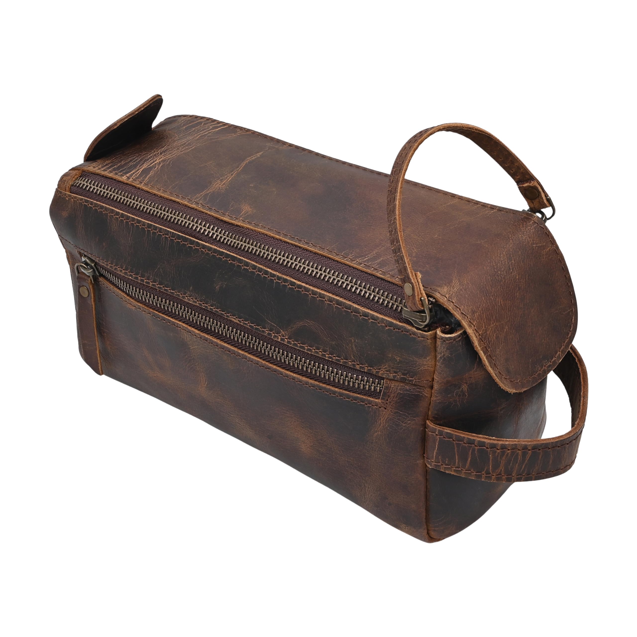 Neceser colgante de piel auténtica de búfalo con forro impermeable para hombres y mujeres, hecho a mano, vintage, de cuero marrón envejecido, kit de viaje, Interior espacioso: amplio