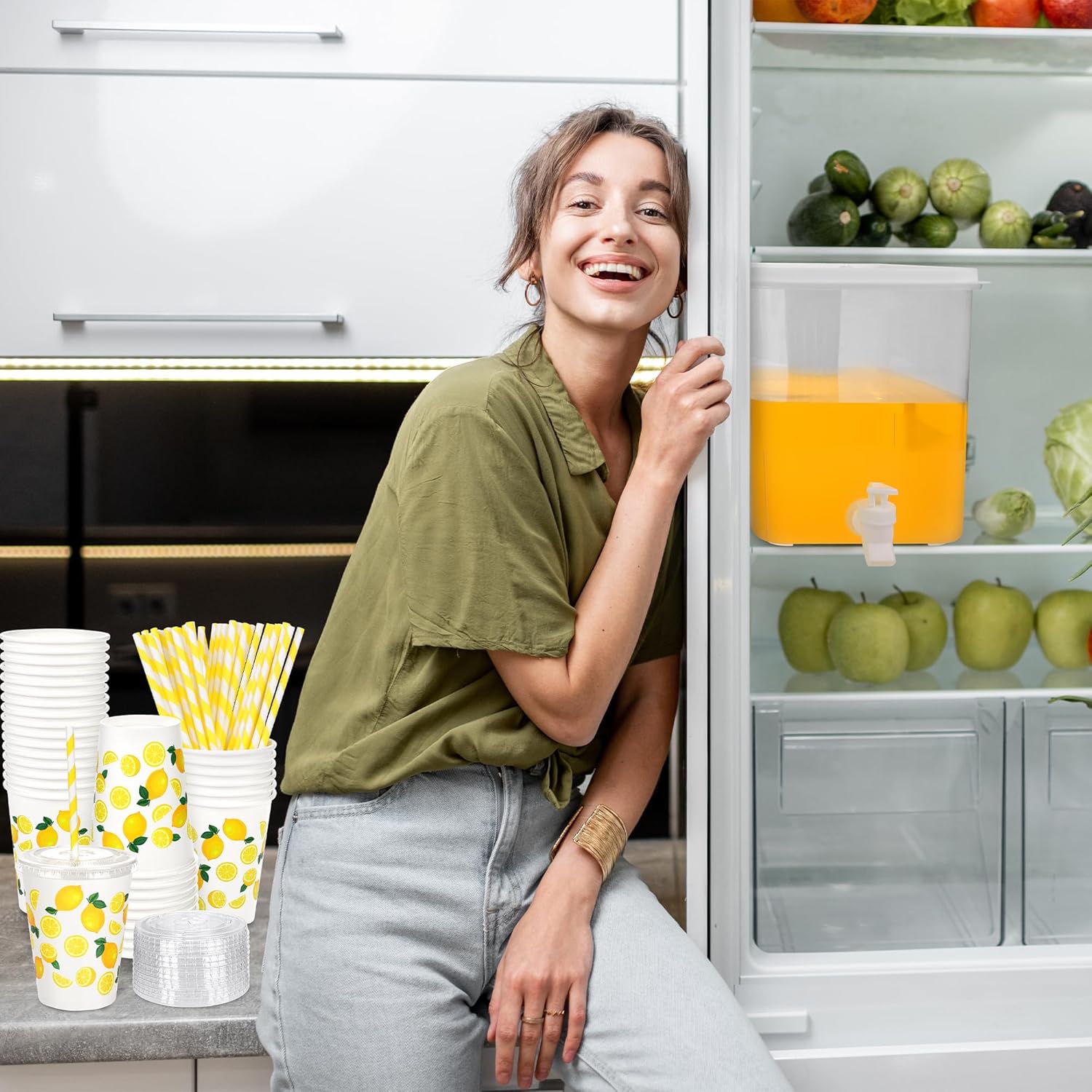 Kochorie 2 Pack 2.3 Gallon Plastic Drink Dispenser with Spigot 50 Pcs 12 OZ Disposable Lemonade Paper Cup with Lid and Straw Lemonade Stand Supplies for Beverage Tea Juice Fruit Party Drinks