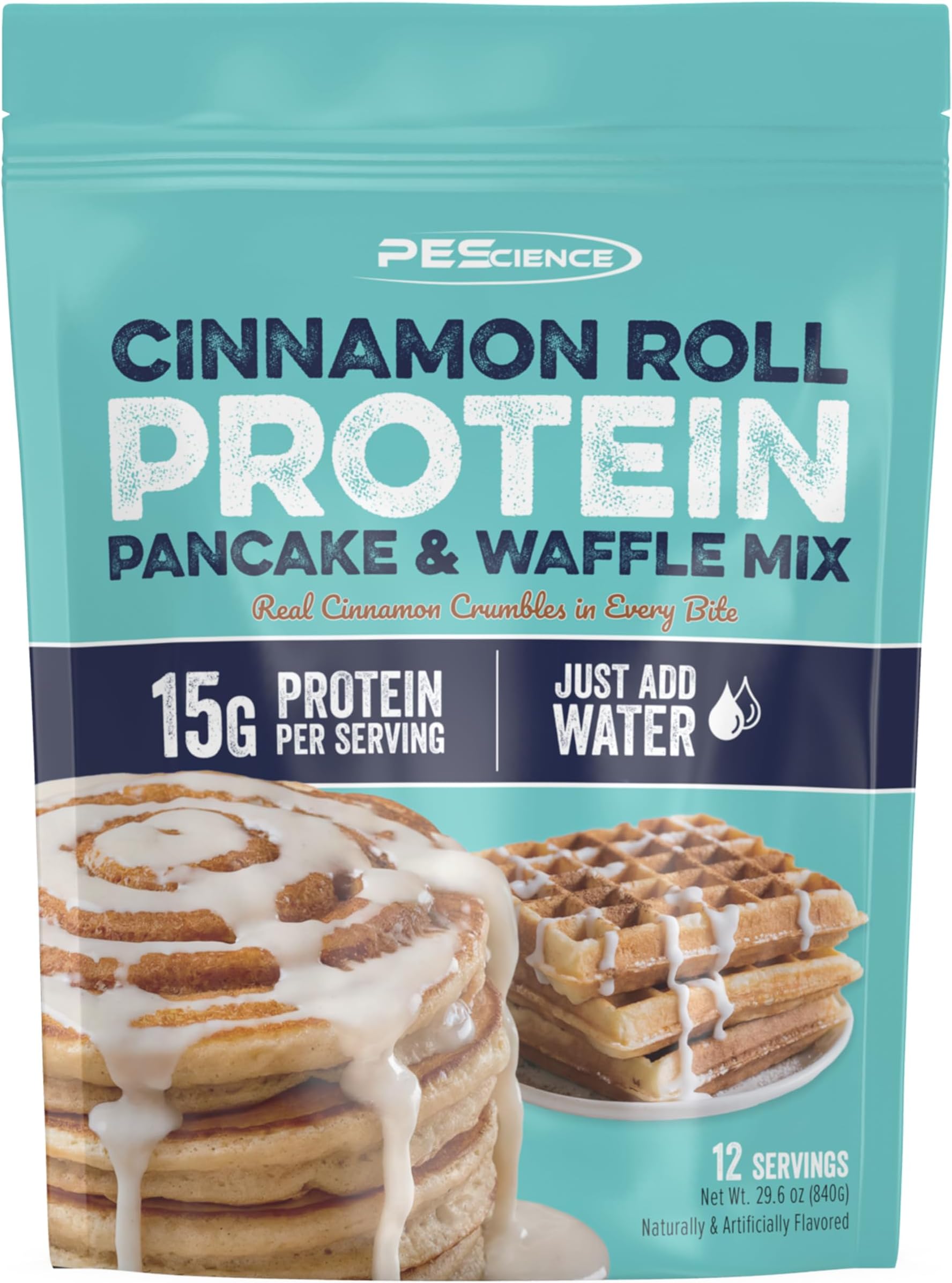 PEScience Protein Pancake Mix for Protein Waffles and Pancakes, Just Add Water, Whey and Casein Blend, Amazing Taste and Fluffy Texture - Cinnamon Roll, 12 Servings
