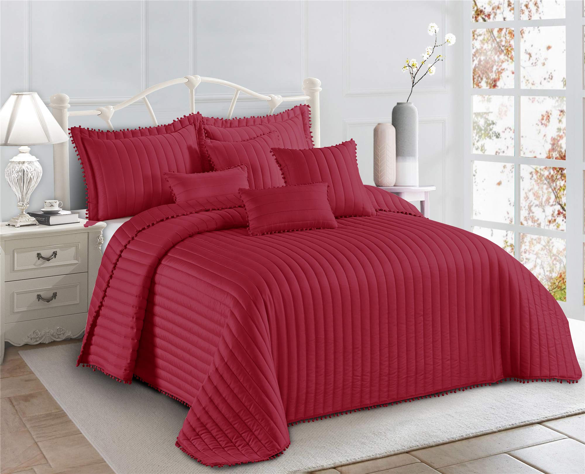 Householdfurnishing 3 Piece Quilted Bedspread Bed Embossed Bedding Set Throw Comforter with Pillow Shams (Red, King)