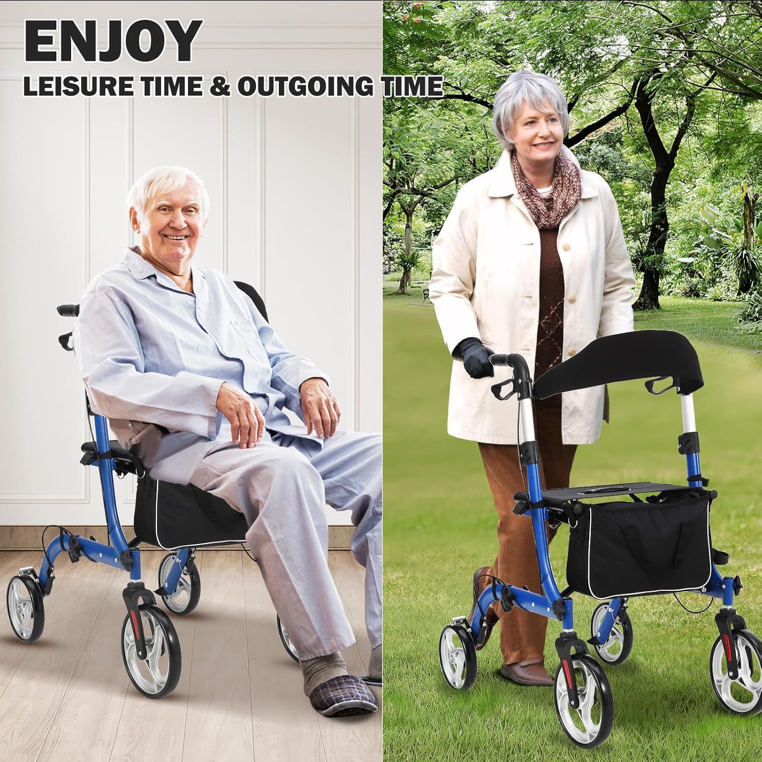 Rollator 2 in 1 per anziani - Deambulatore pieghevole leggero con freni, seduta e schienale - Ruote robuste per tutti i terreni, alluminio, capacità 150kg - Ideale per mobilità e passeggiate