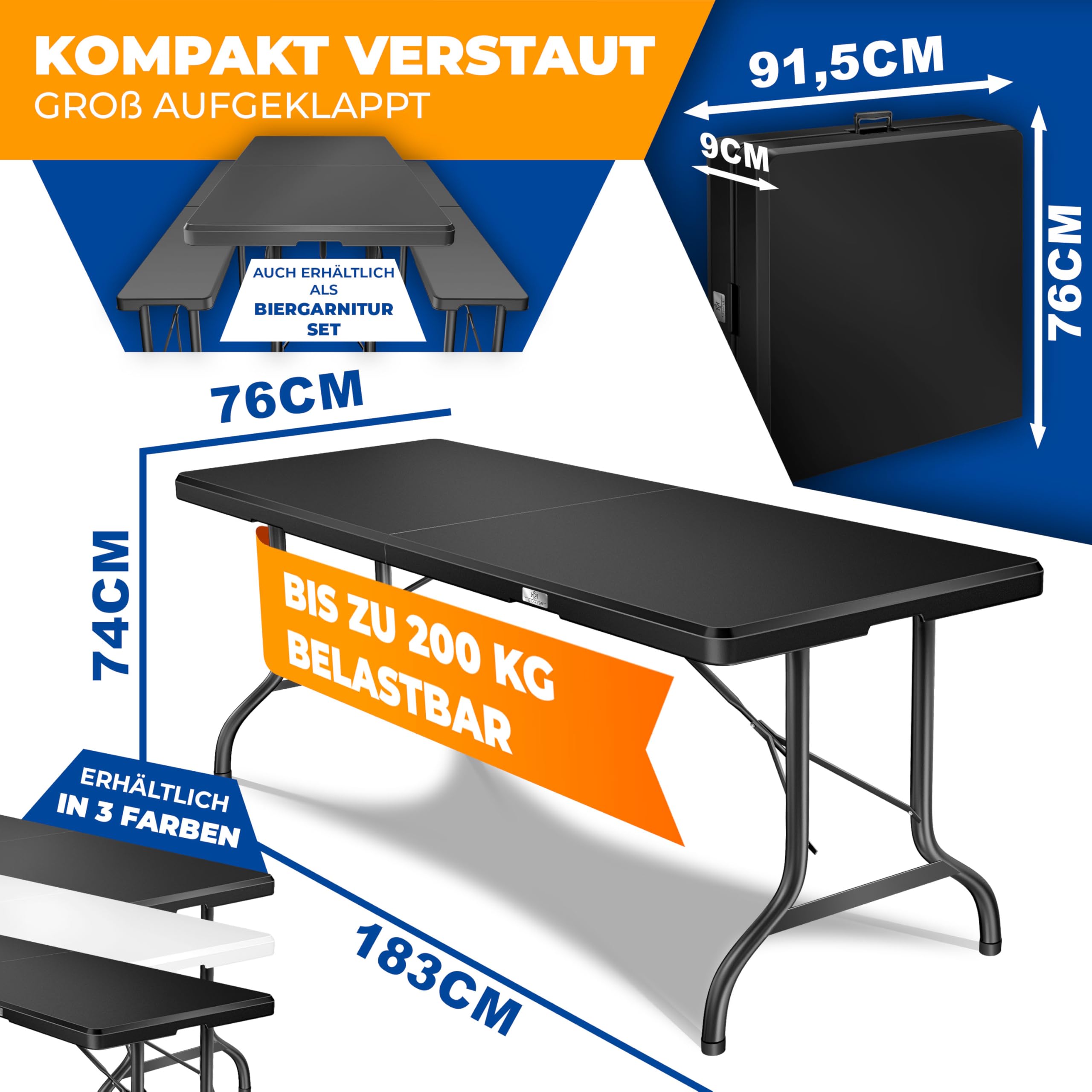 KESSER® Buffettisch Tisch klappbar Kunststoff 183x76 cm Campingtisch Partytisch Klapptisch Gartentisch für Garten, Terrasse und Balkon zusammenklappbar 6 Personen inkl. Cover & Tragegriff, Anthrazit