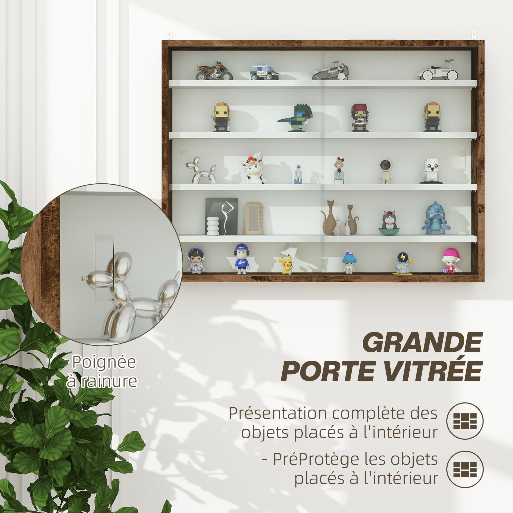 HOMCOM Vitrina para colección Armario de Pared 80 x 9,5 x 60 cm con 4 estantes Regulables en Altura y 2 Puertas correderas de Cristal, para Colecciones de Coches en Miniatura y figuritas, marrón
