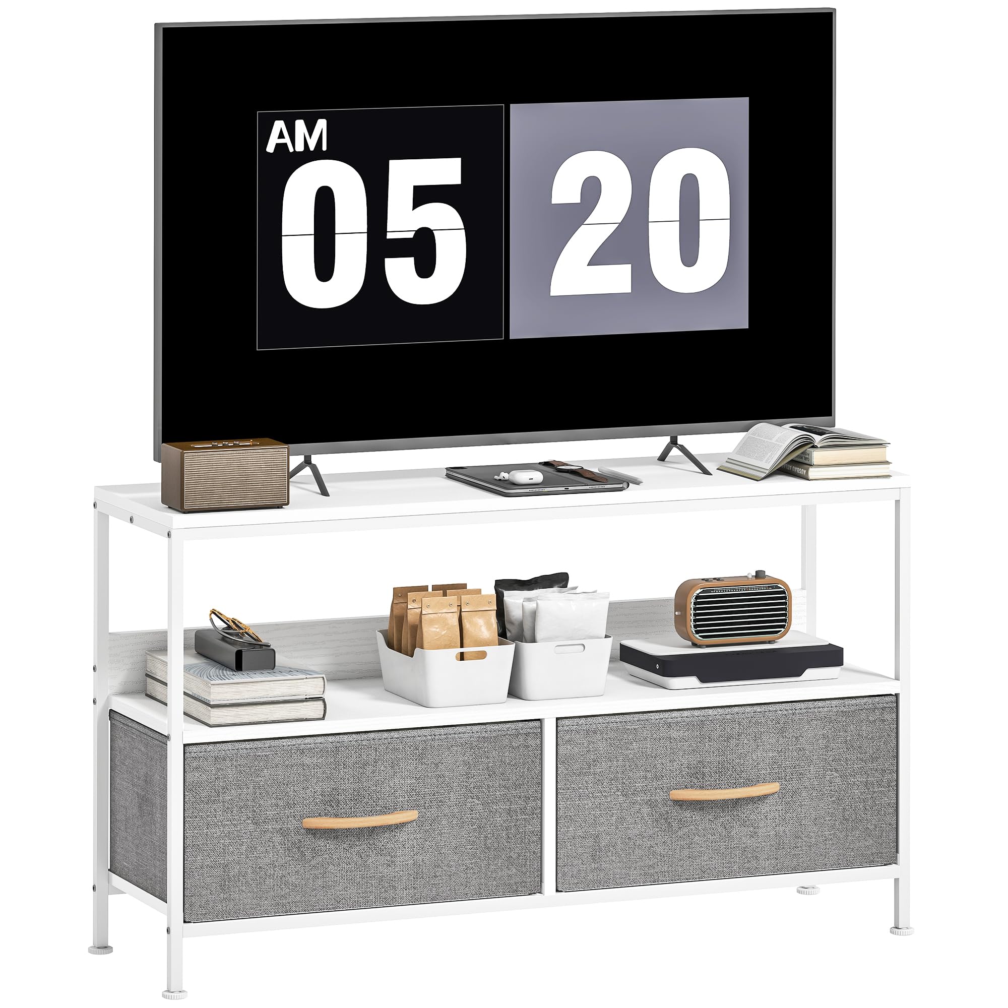 Rackhams Black/White/Light Tv Cabinet, Tv Console Unit With 2 Foldable Linen Drawers - Grey - Embossed - 1