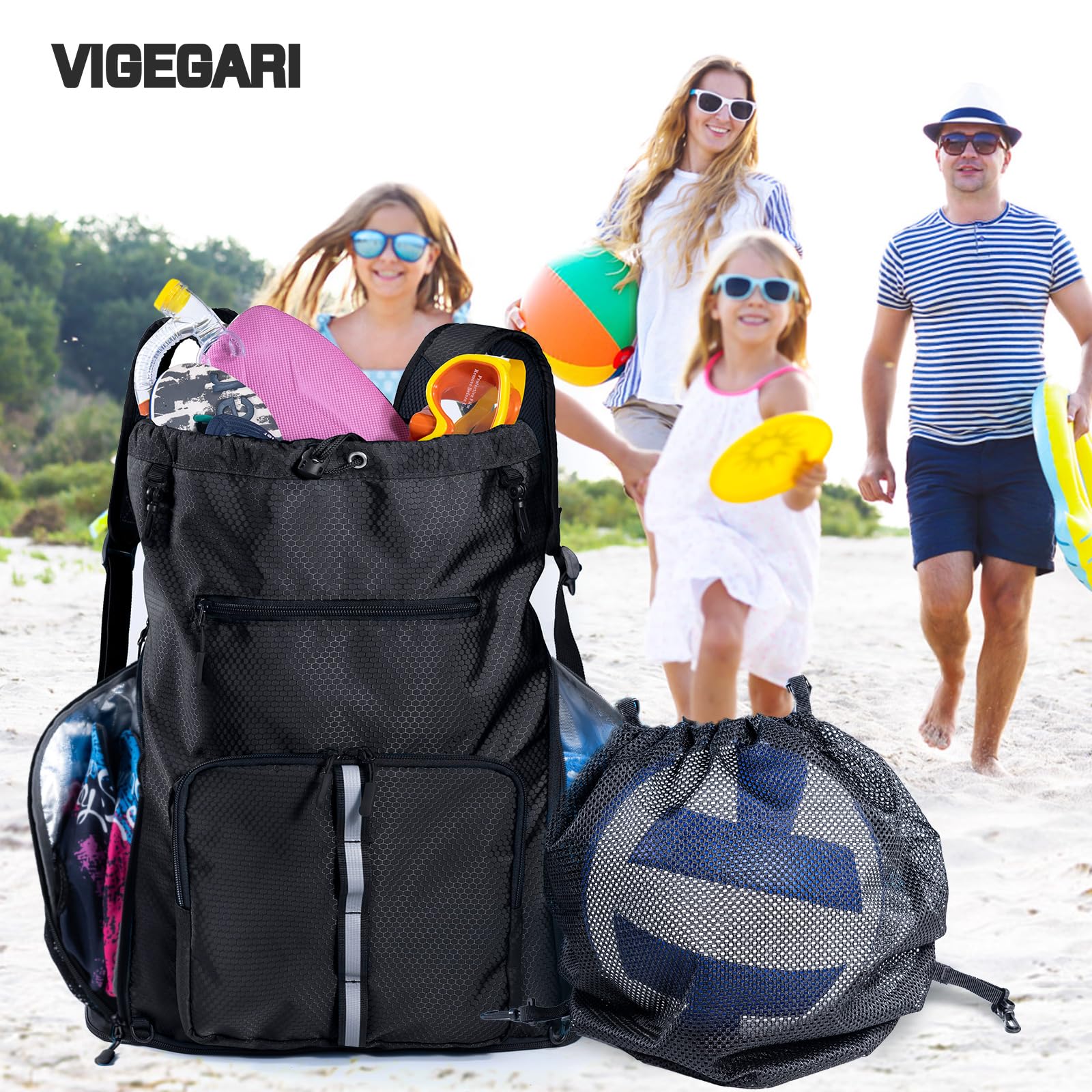 Mochila de playa grande impermeable a prueba de arena, bolsa de piscina con cordón de gran tamaño con compartimento para zapatos para artículos de tocador, toalla