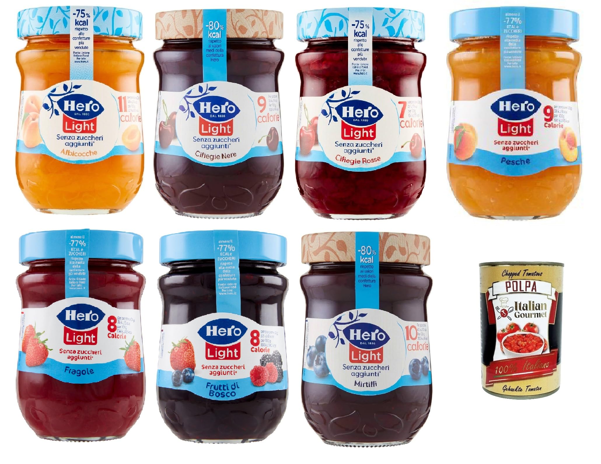 Hero Light Konfitüre Leichte Brotaufstriche Testpaket, Extra-Marmelade und Konfitüre mit hochwertigen Früchten, ohne Zuckerzusatz und sehr wenig Kalorien 7x 280 g + Italian Gourmet polpa 400g