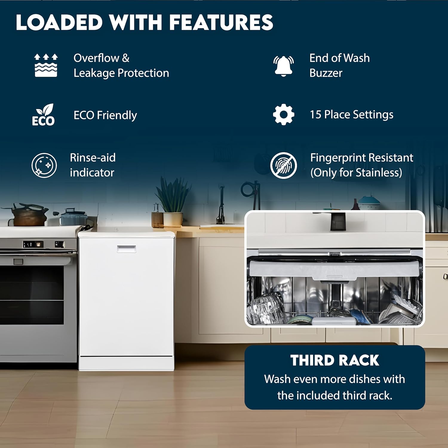 Equator 24″ Built-In Dishwasher with 3rd Rack – Top Control, 15 Place Settings, 8 Wash Cycles, Energy Star, Quiet 51 dB in White