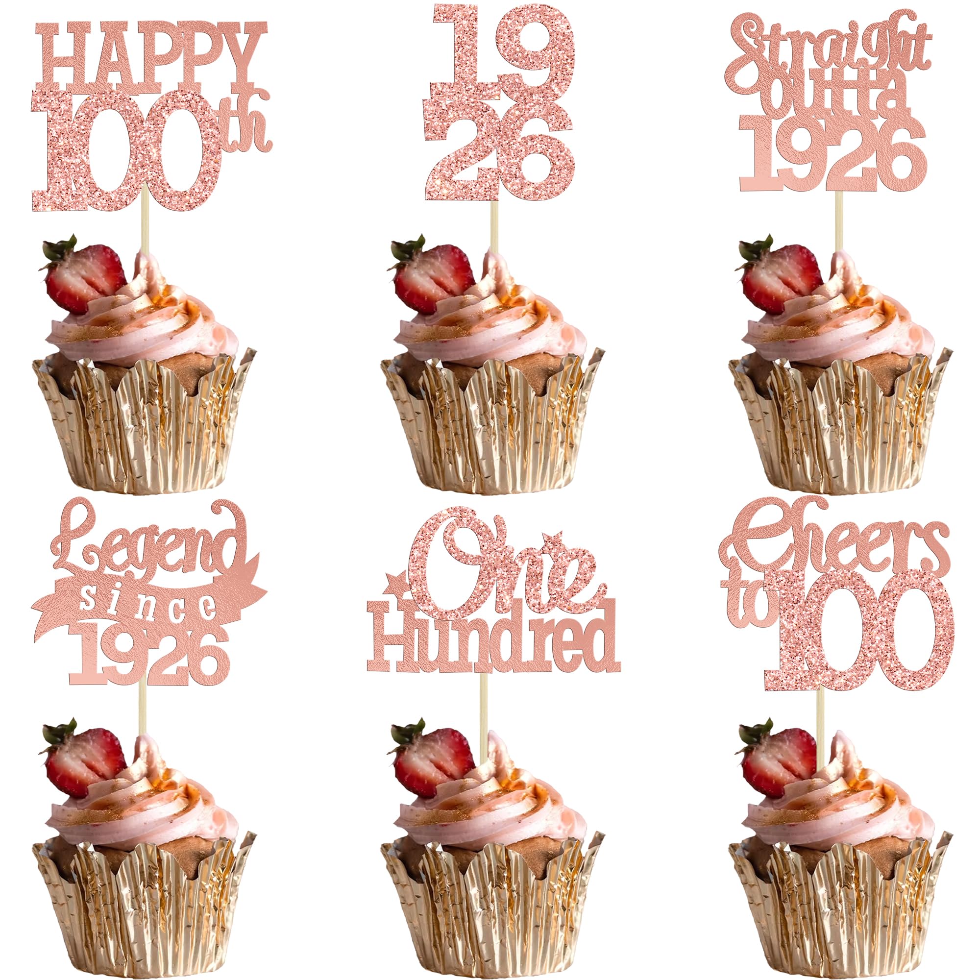 Gyufise 24Pcs Happy 100th Birthday Cupcake Toppers 100 Legend Since 1926 Cupcake Picks Cheers to 100 Years Cake Decorations for 100th Birthday Anniversary Party Supplies Rose Gold
