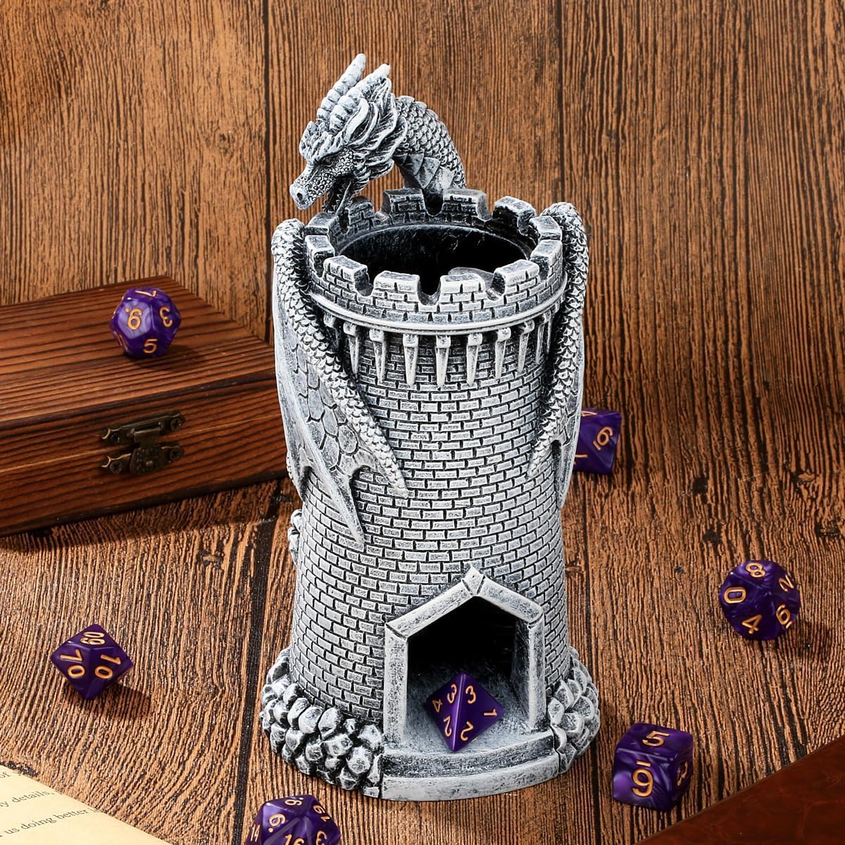 Torre di dadi a forma di drago, torre per lanciare DND in resina, accessori per giochi di dadi da tavolo, castello di dadi per giochi da tavolo RPG fantasy, regali per fan di D&D, regali del drago per