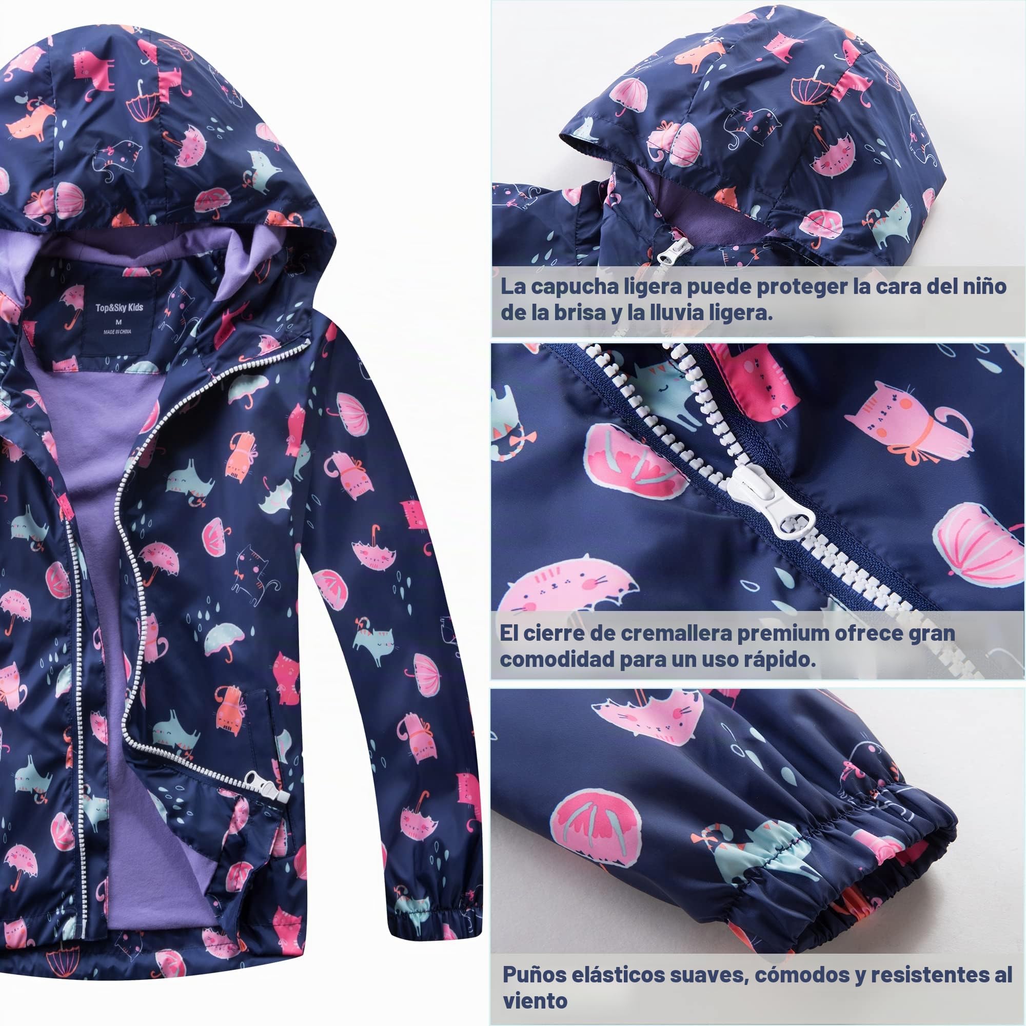 Fewlby Chaqueta Impermeable con Capucha para Niña, Cortavientos con Forro Polar Ligera Abrigo Prueba de Viento Chubasquero Primavera Otoño Abrigos Deportivos 3-12 Años