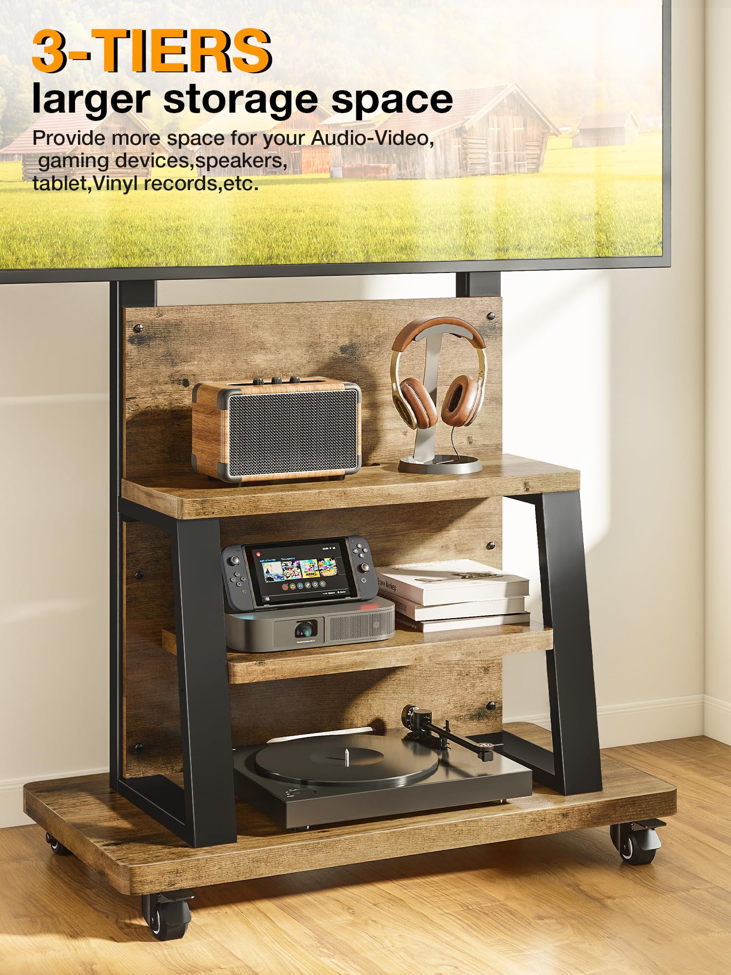 Soporte de TV Móvil con Ruedas para TVs de 37 a 75 Pulgadas, Carrito de TV Portátil con 3 Niveles de Almacenamiento, Ajuste de Altura Soporte TV Ruedas Capacidad para hasta 68 KG, VESA MÁX 600x400mm
