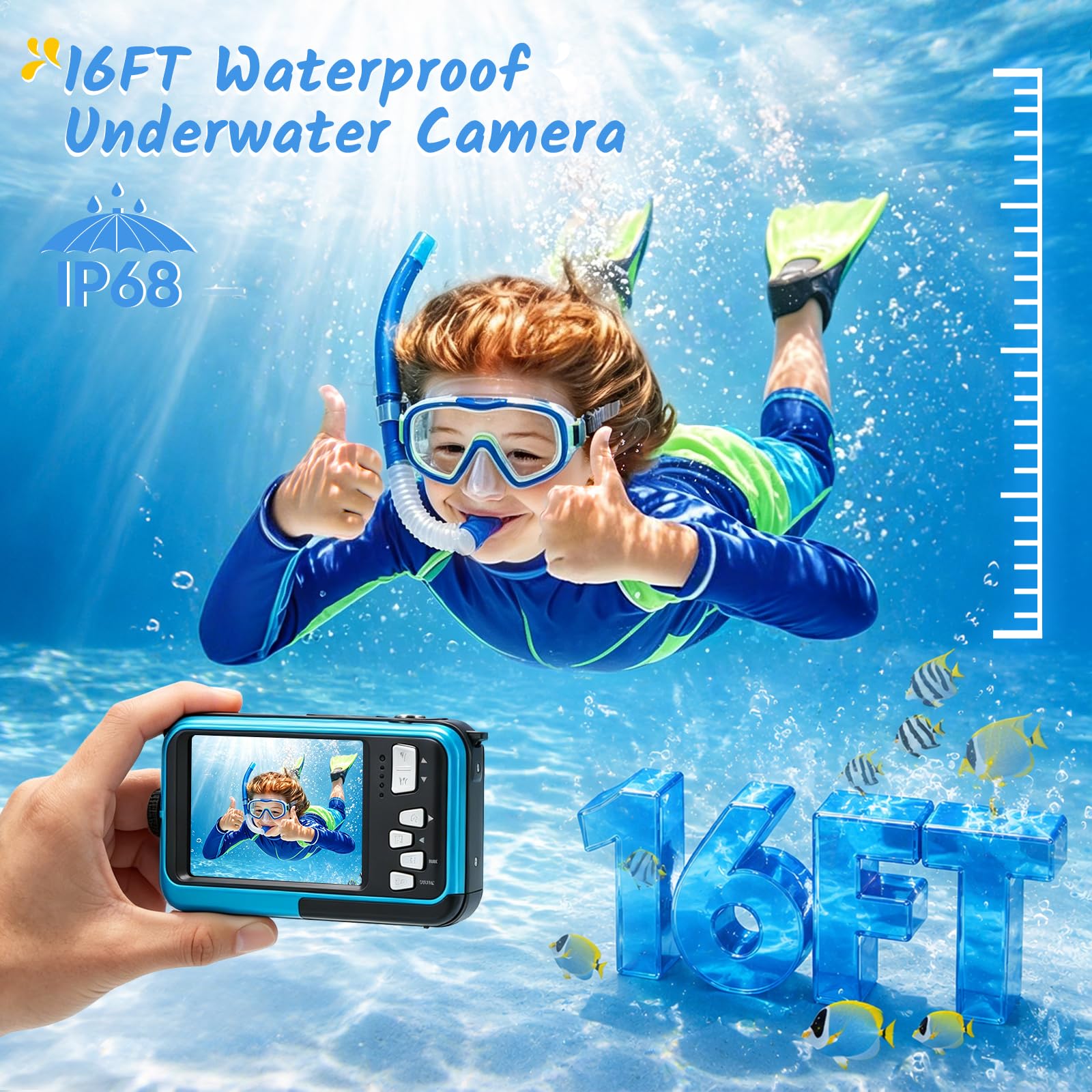 Fotocamera subacquea da 64 MP con messa a fuoco automatica e video 4K, IP68 impermeabile fino a 4,9 m, fotocamera digitale con scheda da 32 GB, doppio display, zoom 16X per snorkeling, blu