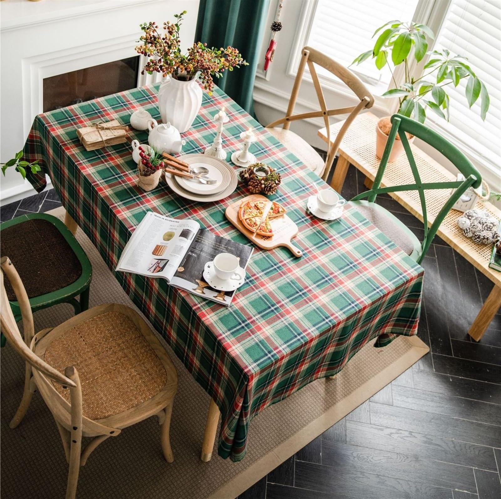 Mantel Navideño Mantel Navideño A Cuadros Verdes Cubierta Rectangular For Mesa Fiesta Cubierta De Mesa Lavable A Prueba De Polvo Mantel Antiarrugas For Decoraciones Mesa Cena Navideña(140*300cm)