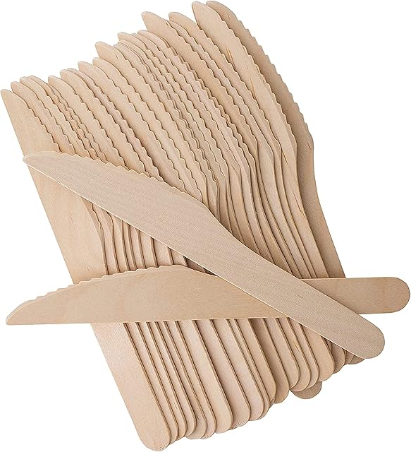 Pack of 100 Disposable Wooden Cutlery Spoons Forks Knives Set Biodegradable Eco Friendly 100% Birch Wood-Sturdy, Christmas, Parties, BBQ, Picnic,s Birthdays, Wedding (100 Knives)